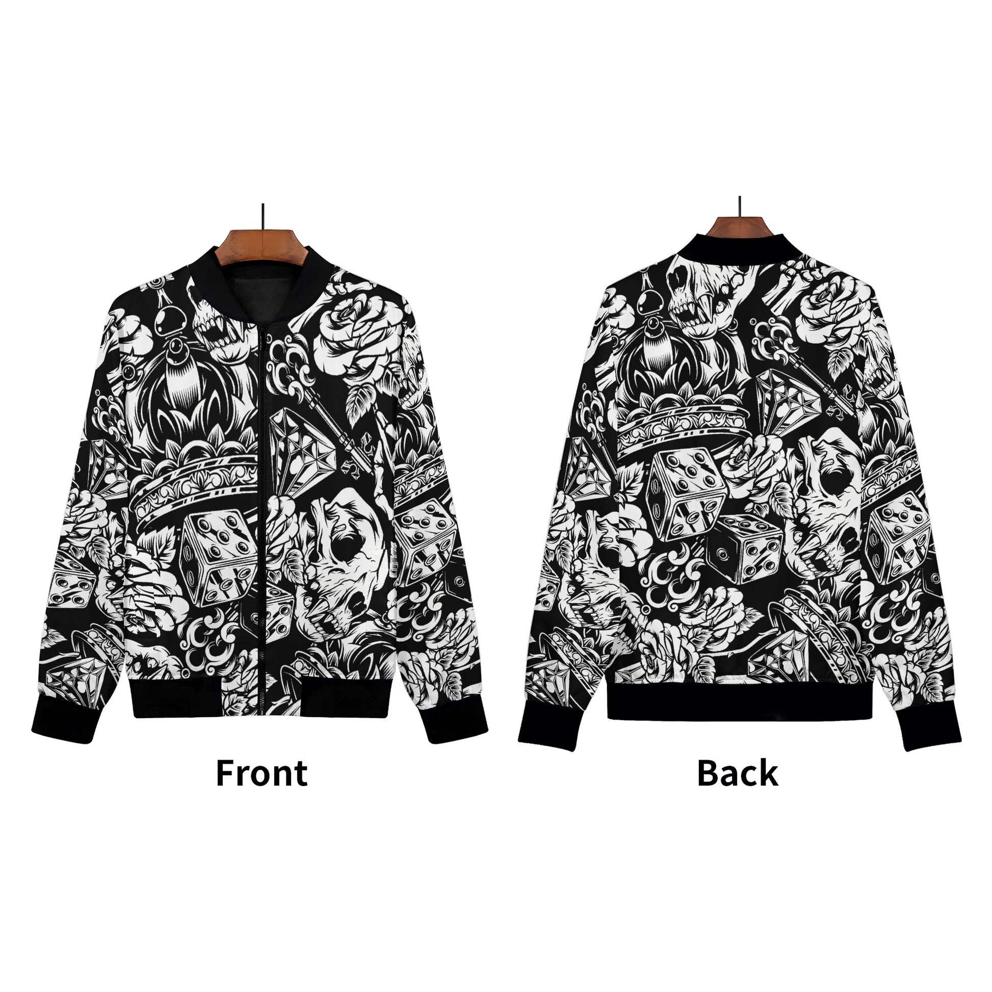 Womens Zip Up Gothic Skull Pattern Printed Bomber Jacket - NocturnalExpressions