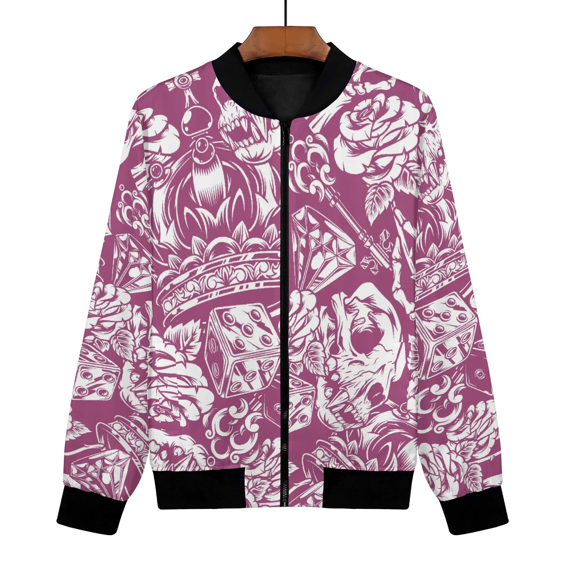 Womens Zip Up Gothic Skull Pattern Printed Bomber Jacket - NocturnalExpressions