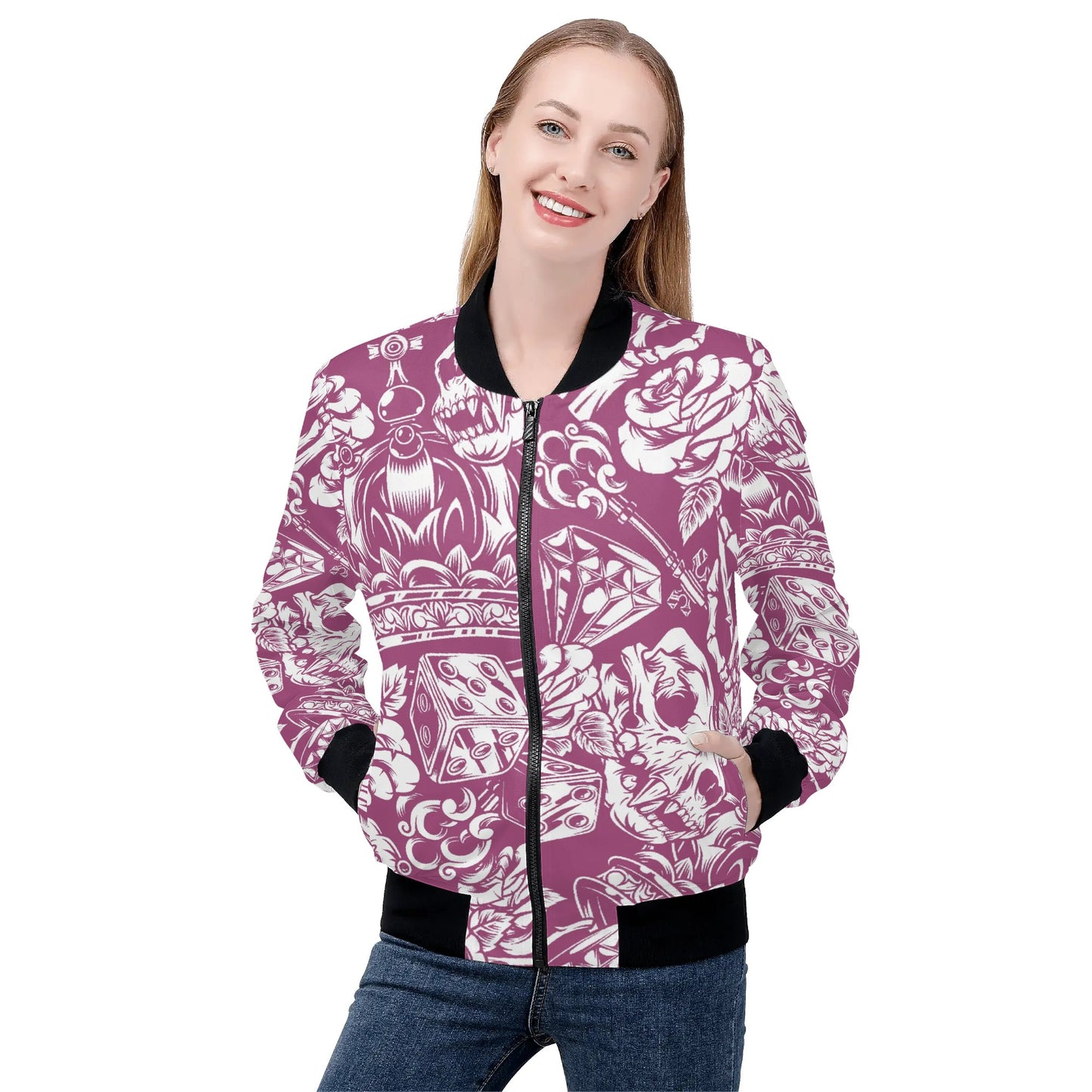 Womens Zip Up Gothic Skull Pattern Printed Bomber Jacket - NocturnalExpressions