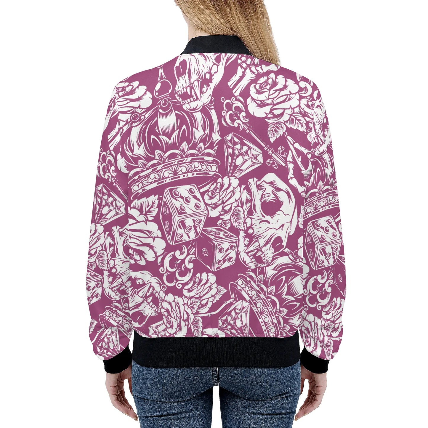 Womens Zip Up Gothic Skull Pattern Printed Bomber Jacket - NocturnalExpressions