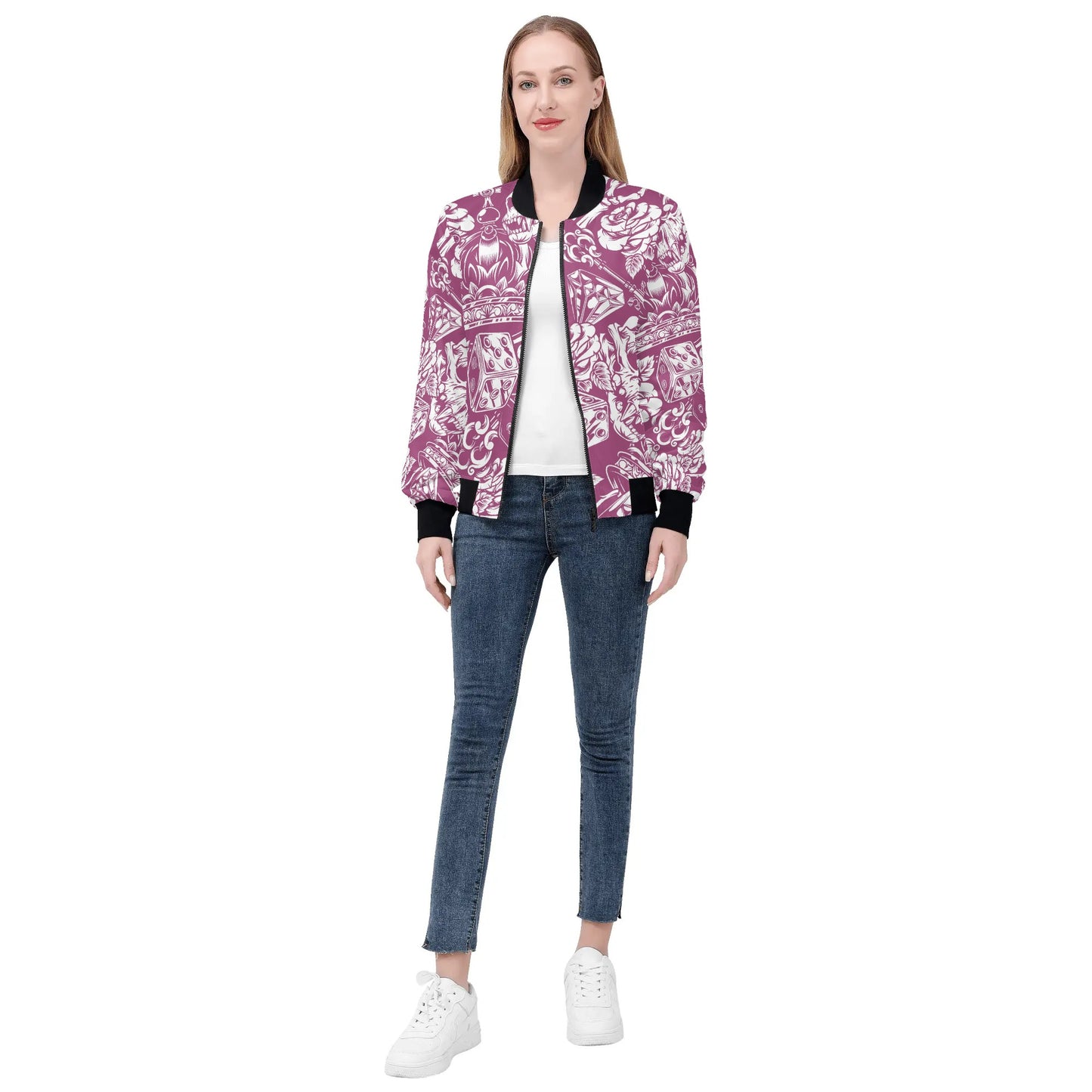 Womens Zip Up Gothic Skull Pattern Printed Bomber Jacket - NocturnalExpressions