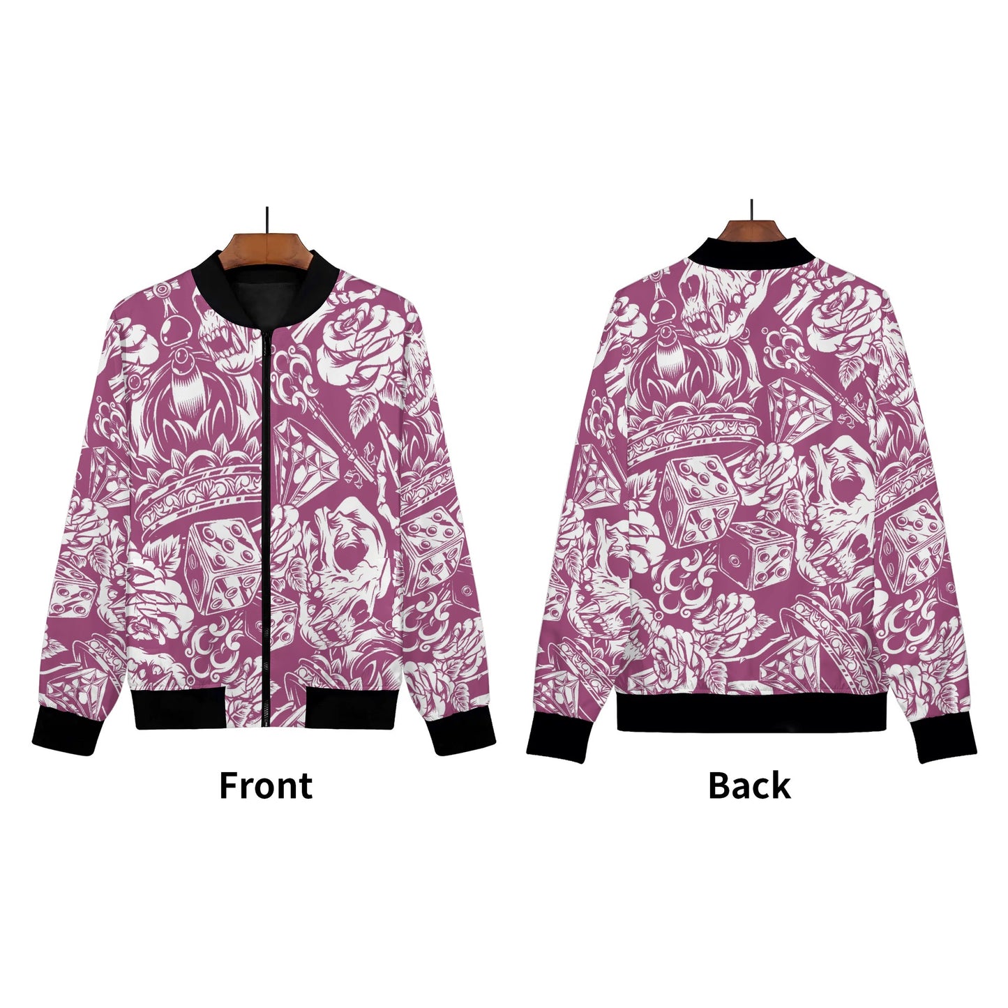 Womens Zip Up Gothic Skull Pattern Printed Bomber Jacket - NocturnalExpressions