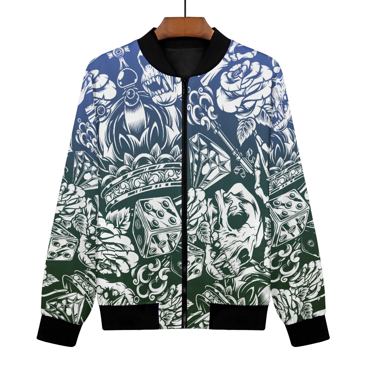 Womens Zip Up Gothic Skull Pattern Printed Bomber Jacket - NocturnalExpressions