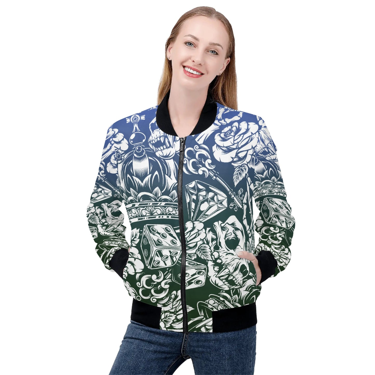 Womens Zip Up Gothic Skull Pattern Printed Bomber Jacket - NocturnalExpressions