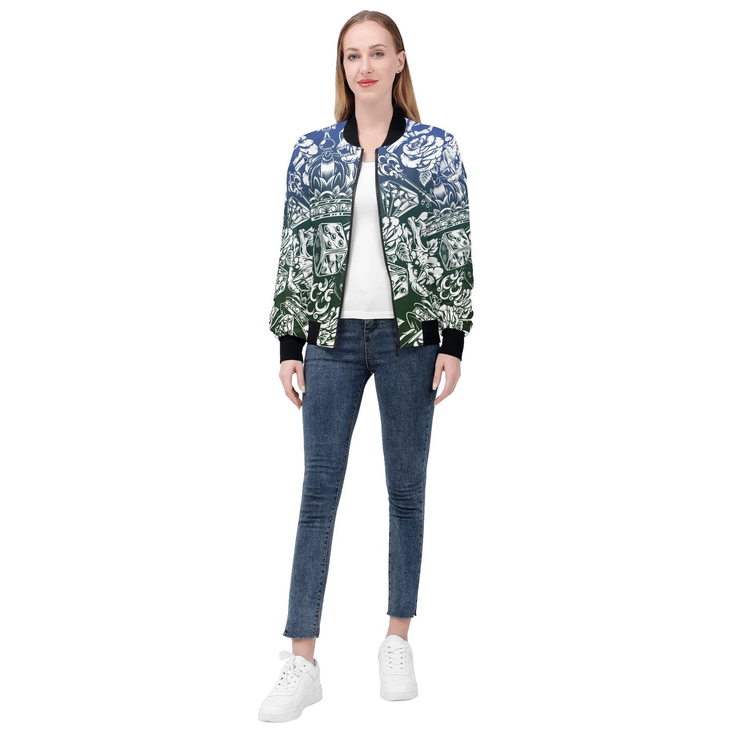 Womens Zip Up Gothic Skull Pattern Printed Bomber Jacket - NocturnalExpressions