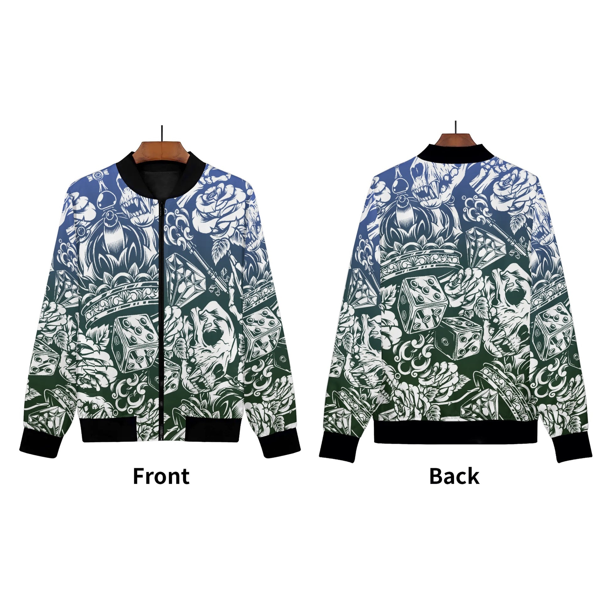 Womens Zip Up Gothic Skull Pattern Printed Bomber Jacket - NocturnalExpressions