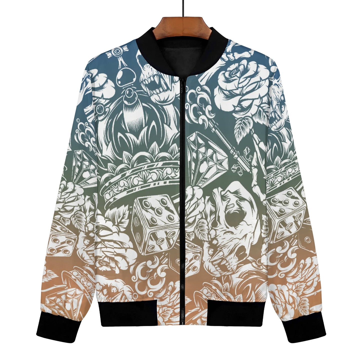 Womens Zip Up Gothic Skull Pattern Printed Bomber Jacket - NocturnalExpressions