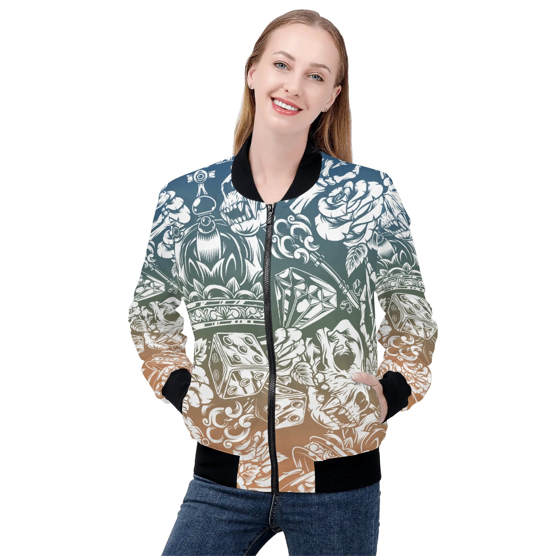 Womens Zip Up Gothic Skull Pattern Printed Bomber Jacket - NocturnalExpressions