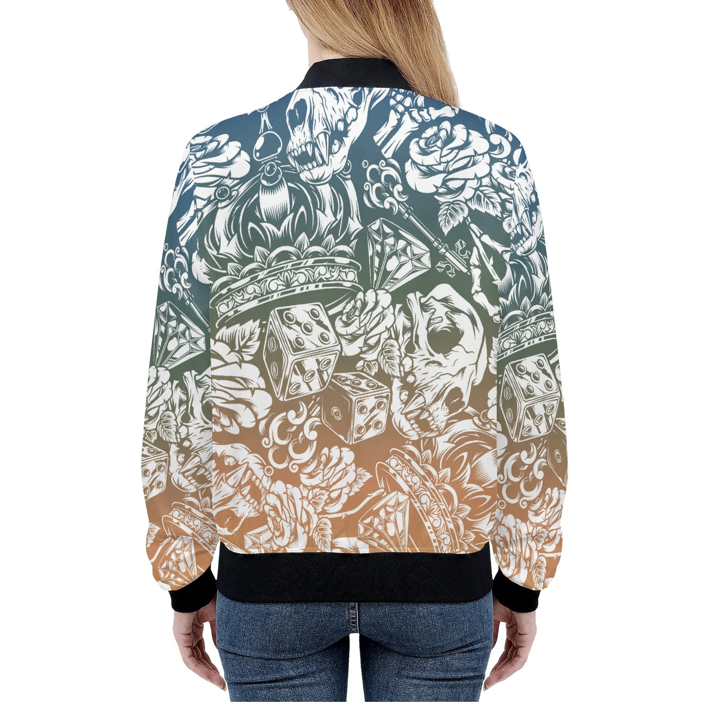 Womens Zip Up Gothic Skull Pattern Printed Bomber Jacket - NocturnalExpressions