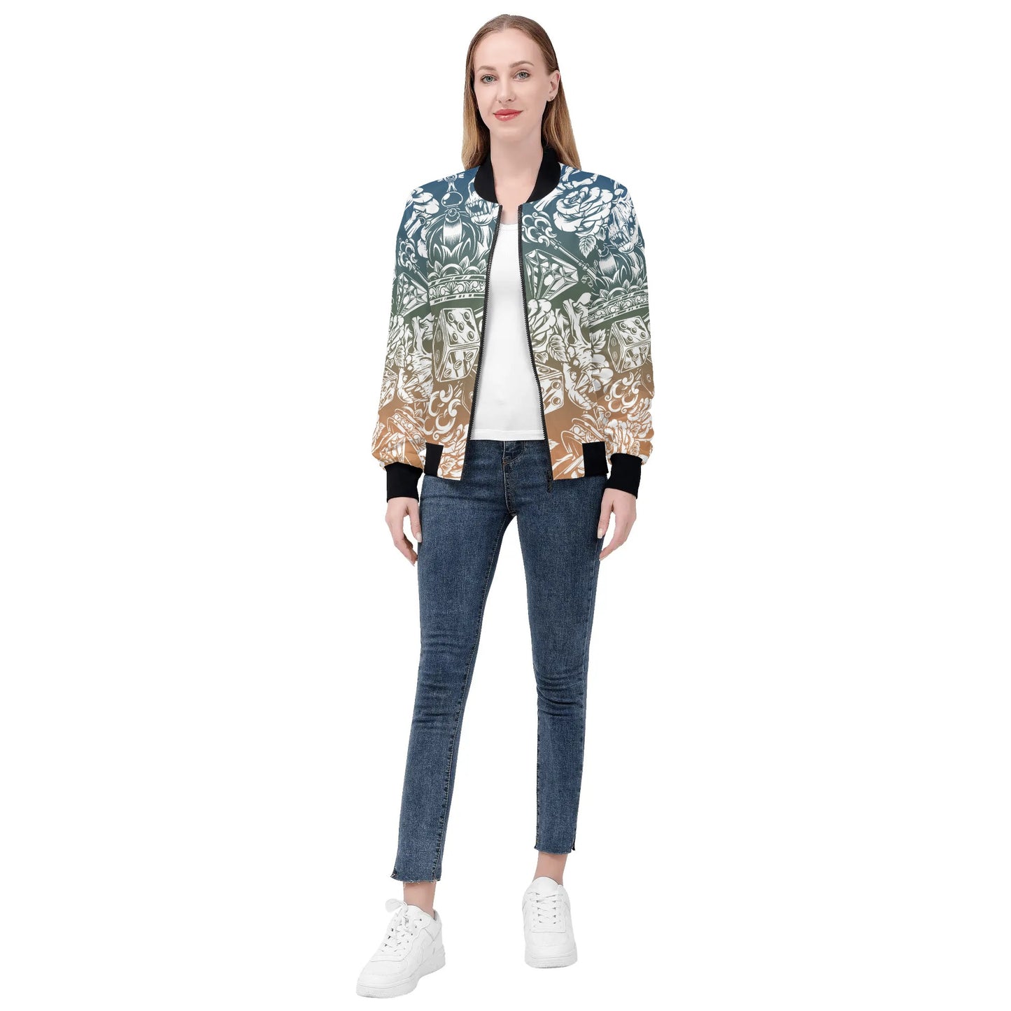 Womens Zip Up Gothic Skull Pattern Printed Bomber Jacket - NocturnalExpressions