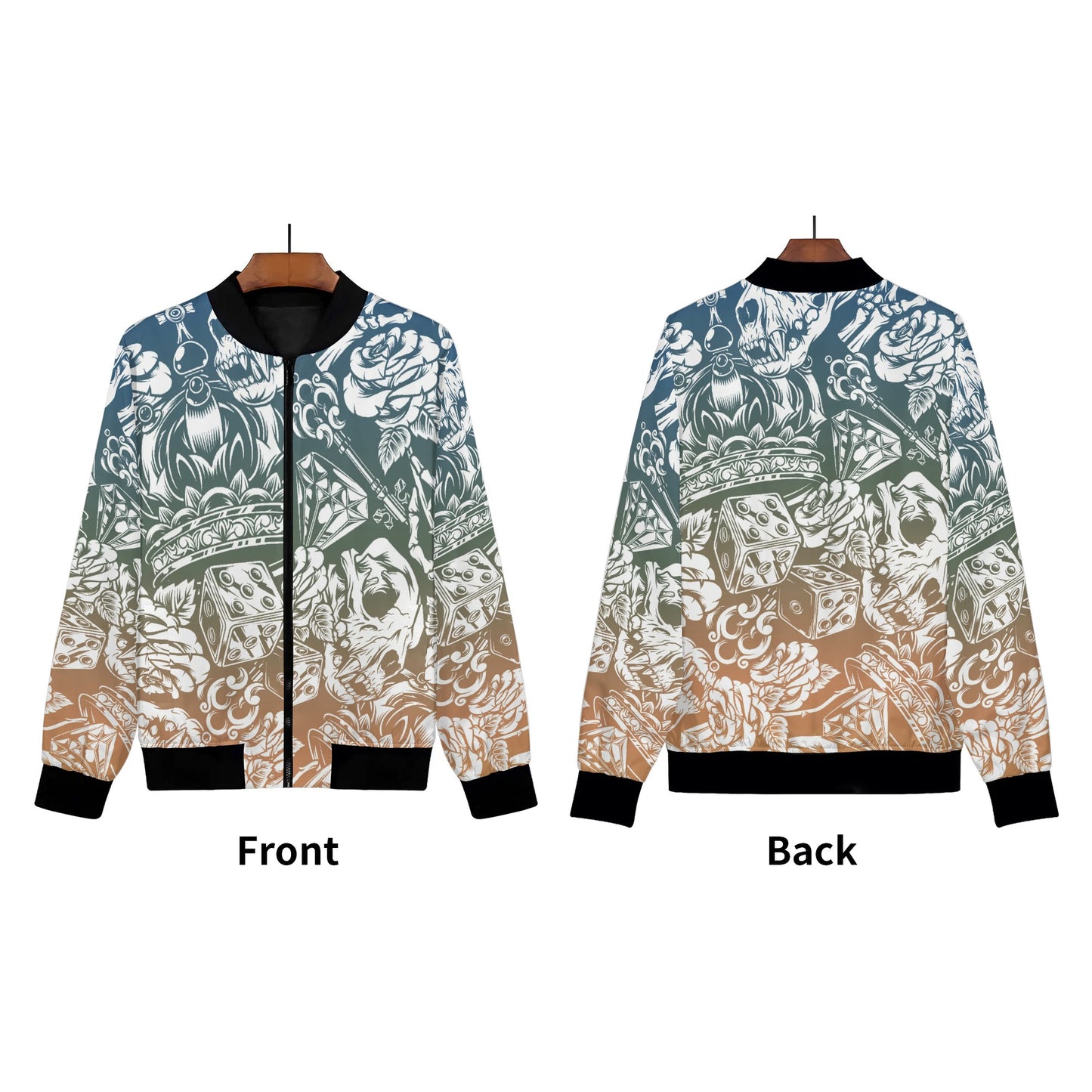 Womens Zip Up Gothic Skull Pattern Printed Bomber Jacket - NocturnalExpressions