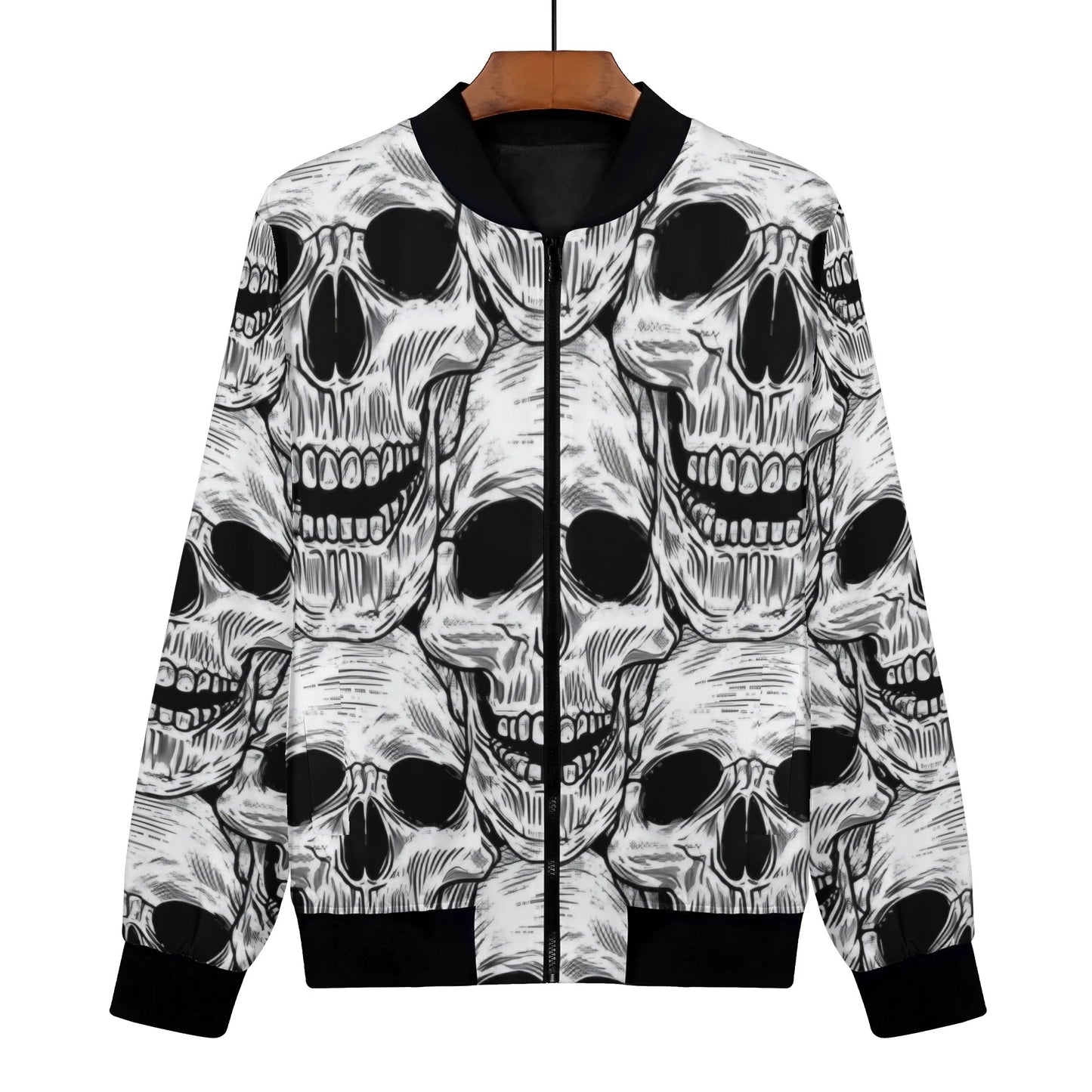 Womens Zip Up Gothic Skull Pattern Printed Bomber Jacket - NocturnalExpressions