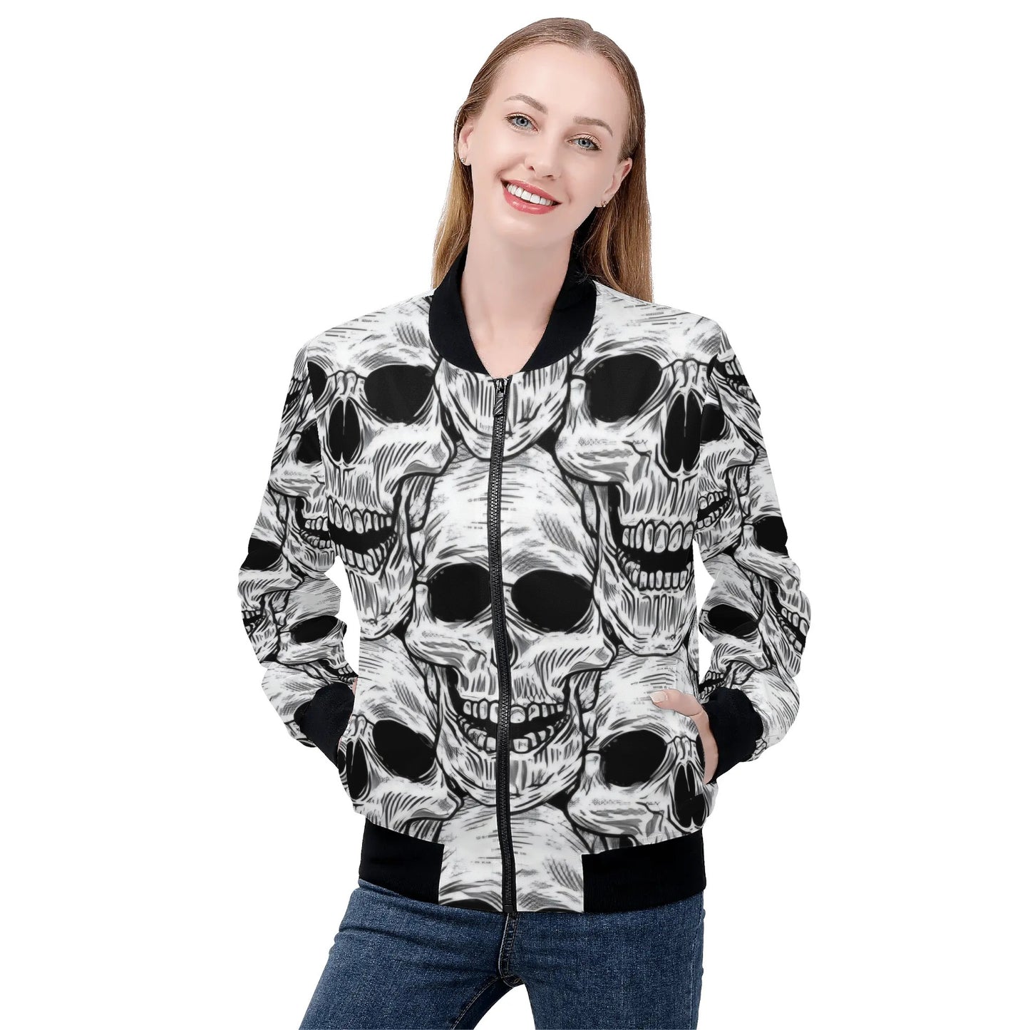 Womens Zip Up Gothic Skull Pattern Printed Bomber Jacket - NocturnalExpressions