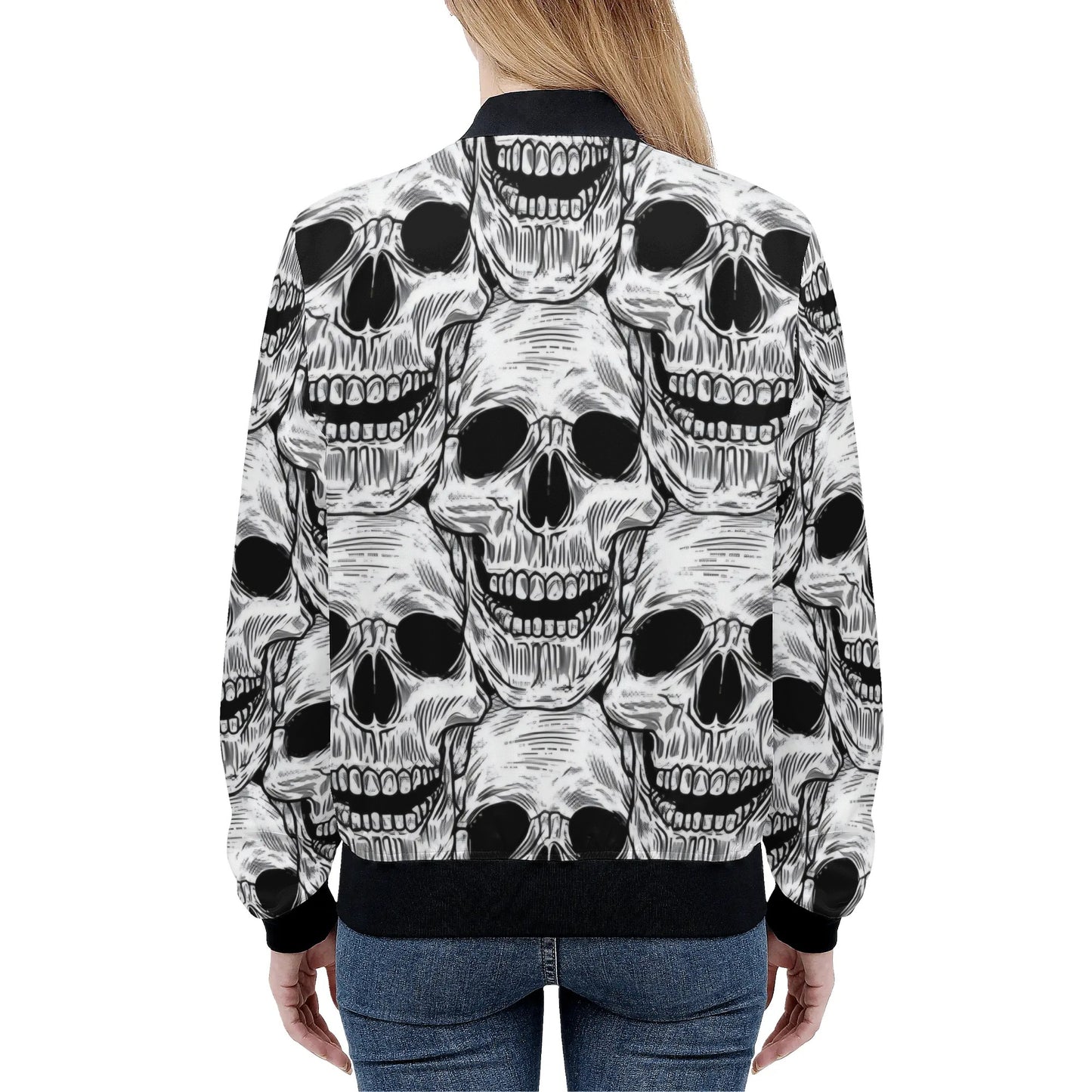 Womens Zip Up Gothic Skull Pattern Printed Bomber Jacket - NocturnalExpressions