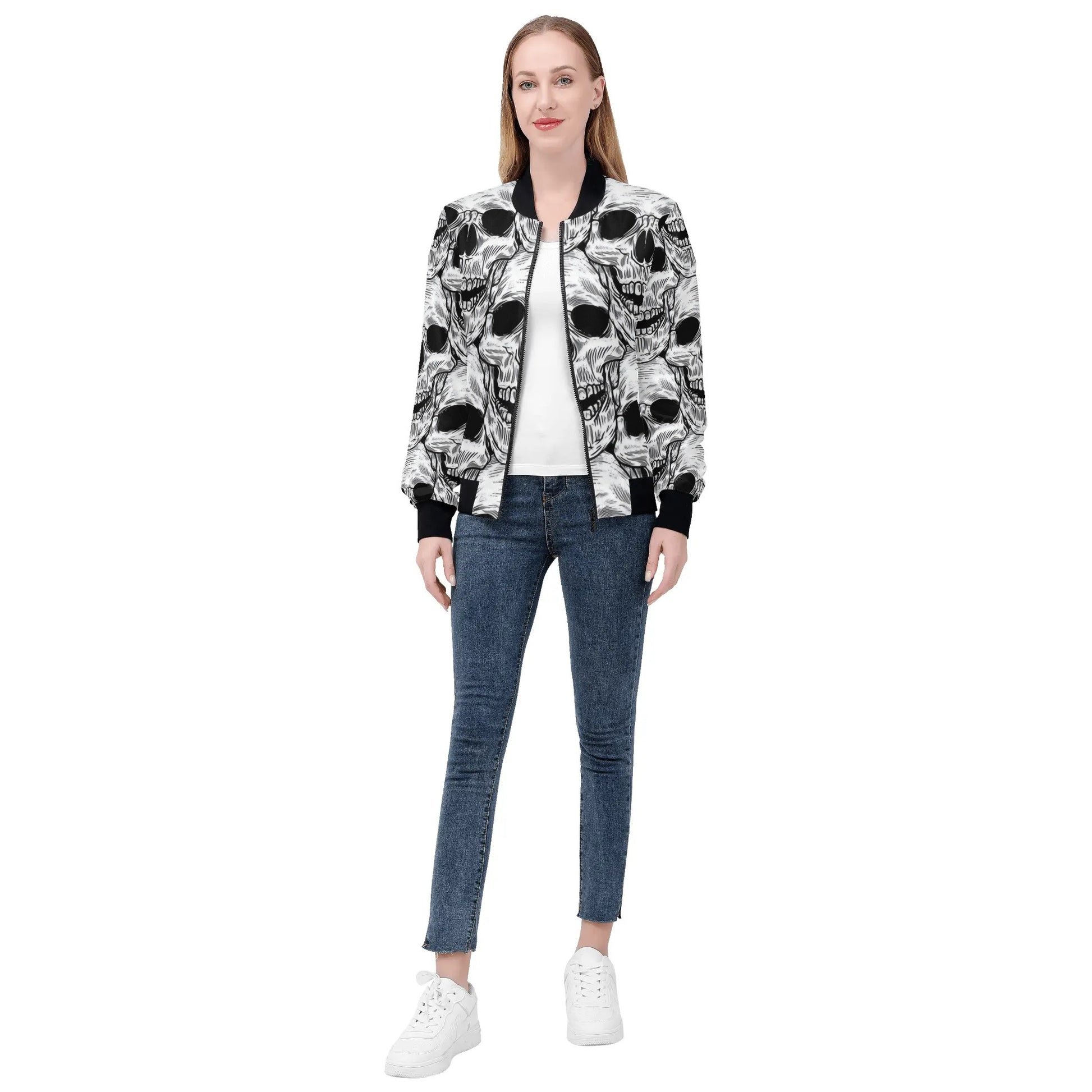 Womens Zip Up Gothic Skull Pattern Printed Bomber Jacket - NocturnalExpressions