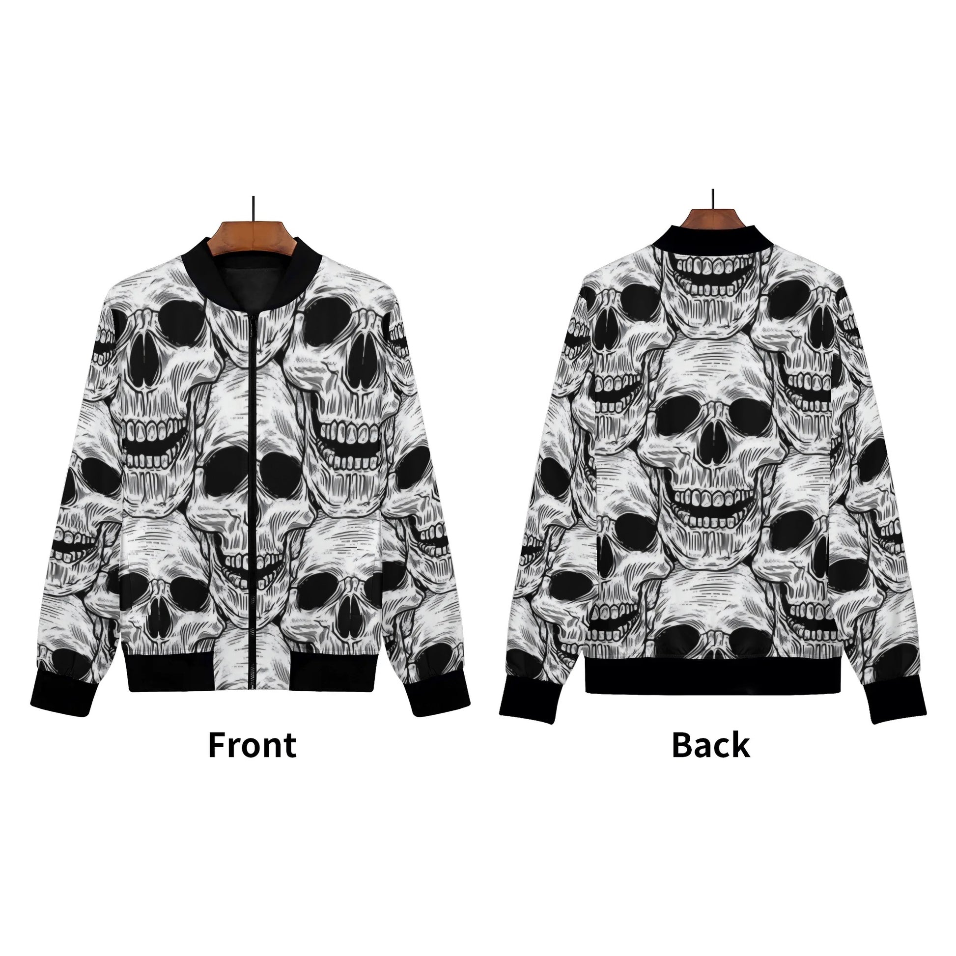 Womens Zip Up Gothic Skull Pattern Printed Bomber Jacket - NocturnalExpressions