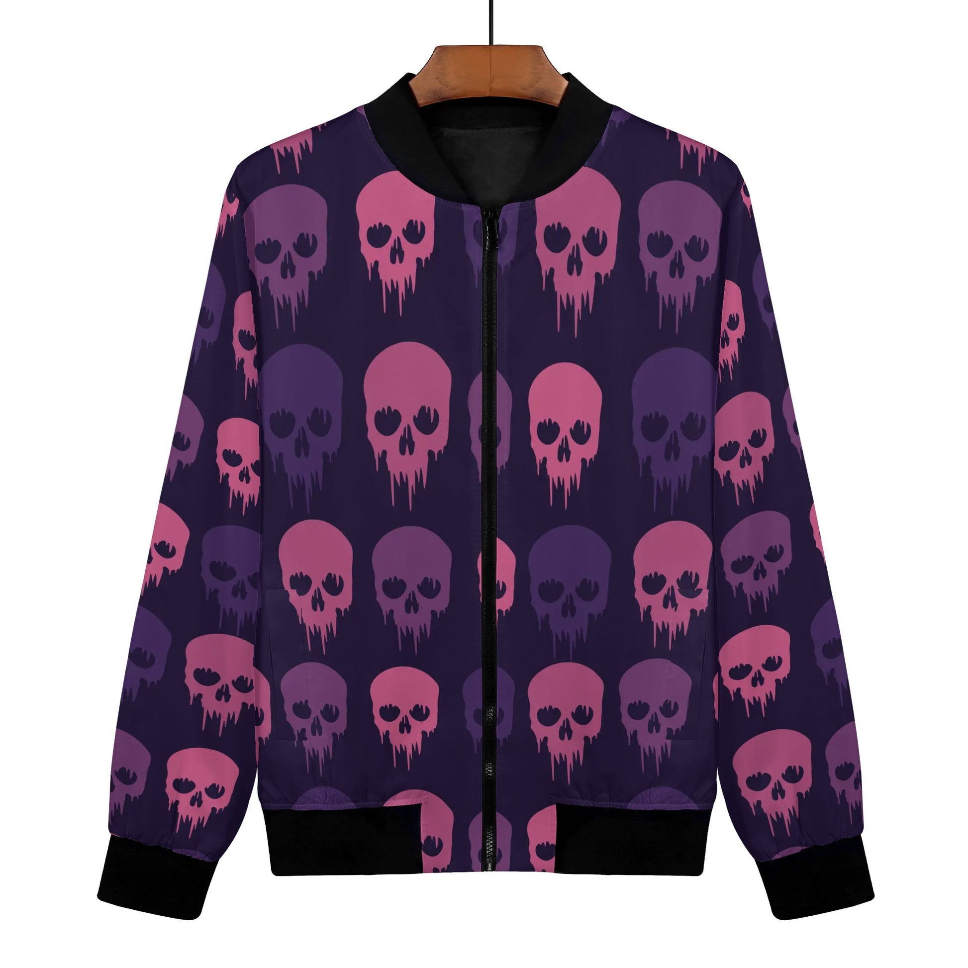 Womens Zip Up Gothic Skull Pattern Printed Bomber Jacket - NocturnalExpressions