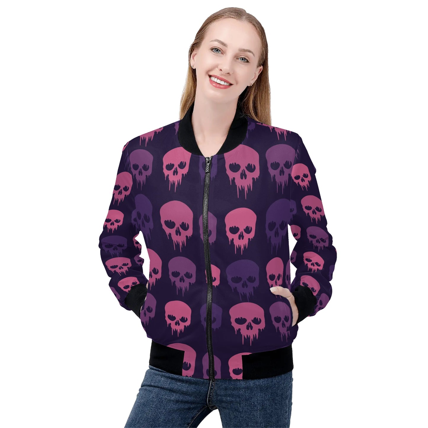 Womens Zip Up Gothic Skull Pattern Printed Bomber Jacket - NocturnalExpressions