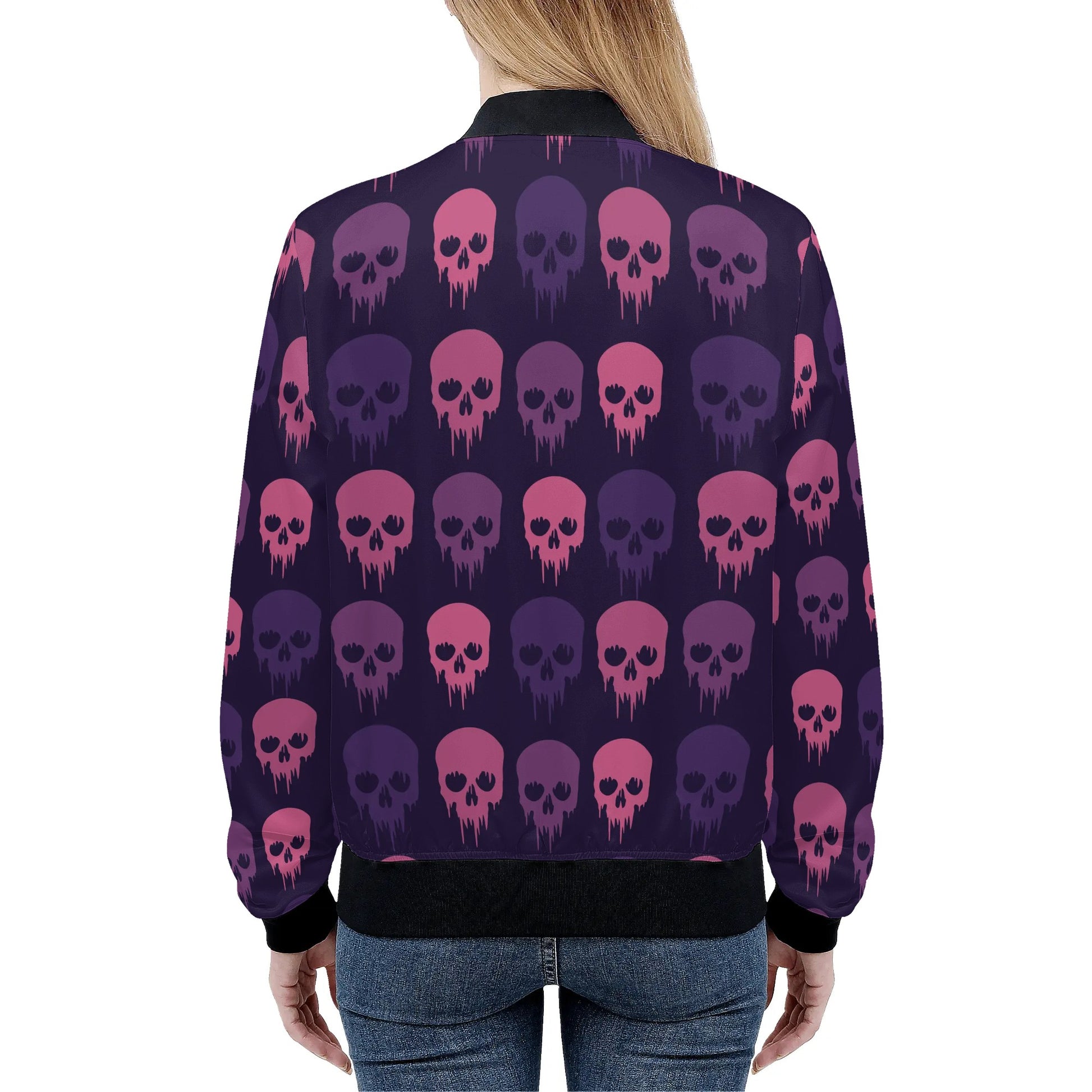 Womens Zip Up Gothic Skull Pattern Printed Bomber Jacket - NocturnalExpressions