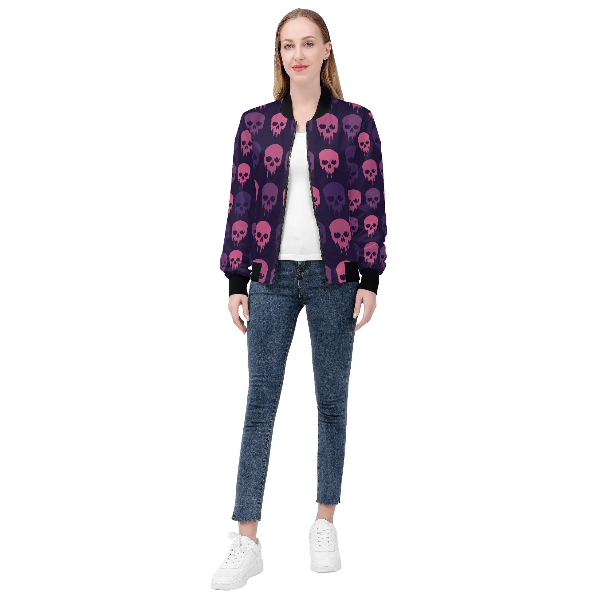 Womens Zip Up Gothic Skull Pattern Printed Bomber Jacket - NocturnalExpressions