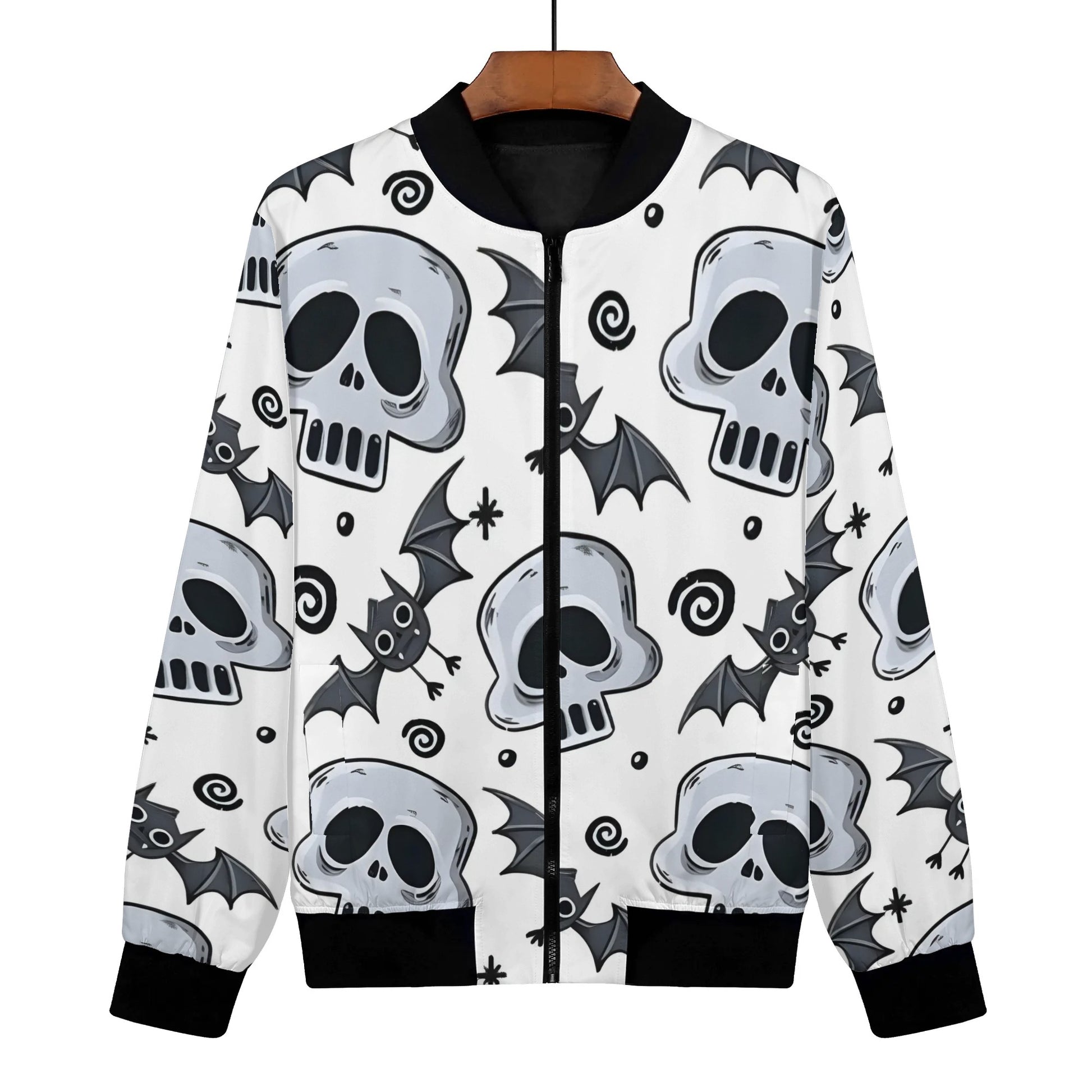 Womens Zip Up Gothic Skull Pattern Printed Bomber Jacket - NocturnalExpressions