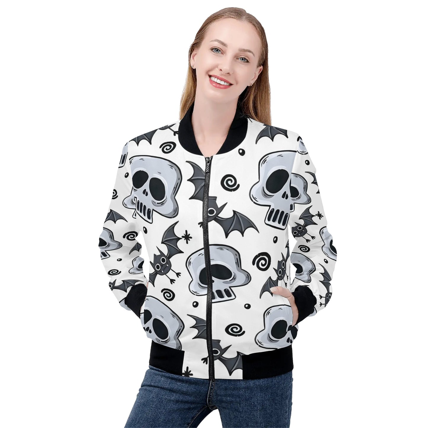 Womens Zip Up Gothic Skull Pattern Printed Bomber Jacket - NocturnalExpressions