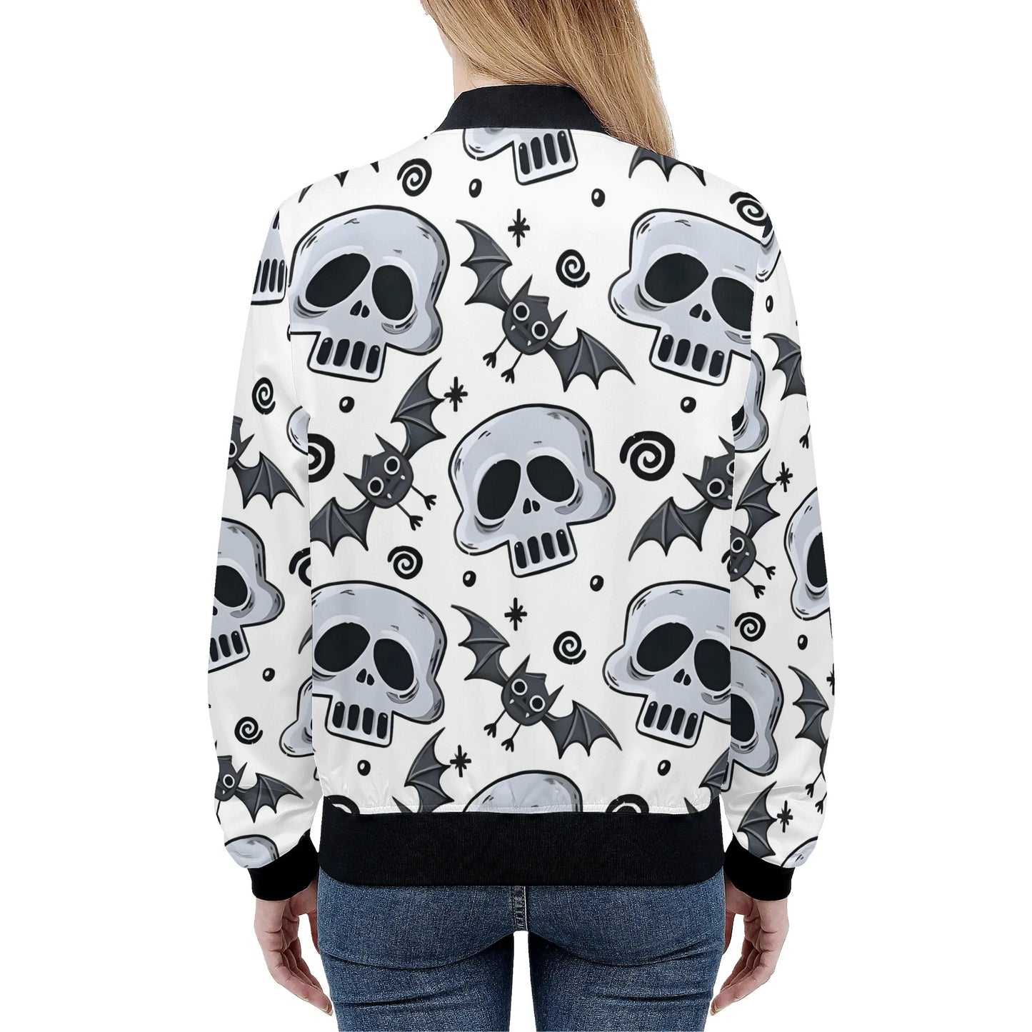 Womens Zip Up Gothic Skull Pattern Printed Bomber Jacket - NocturnalExpressions