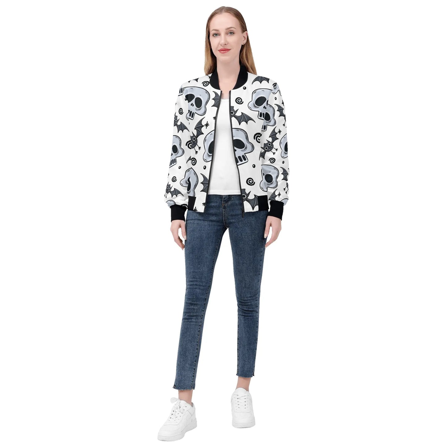 Womens Zip Up Gothic Skull Pattern Printed Bomber Jacket - NocturnalExpressions