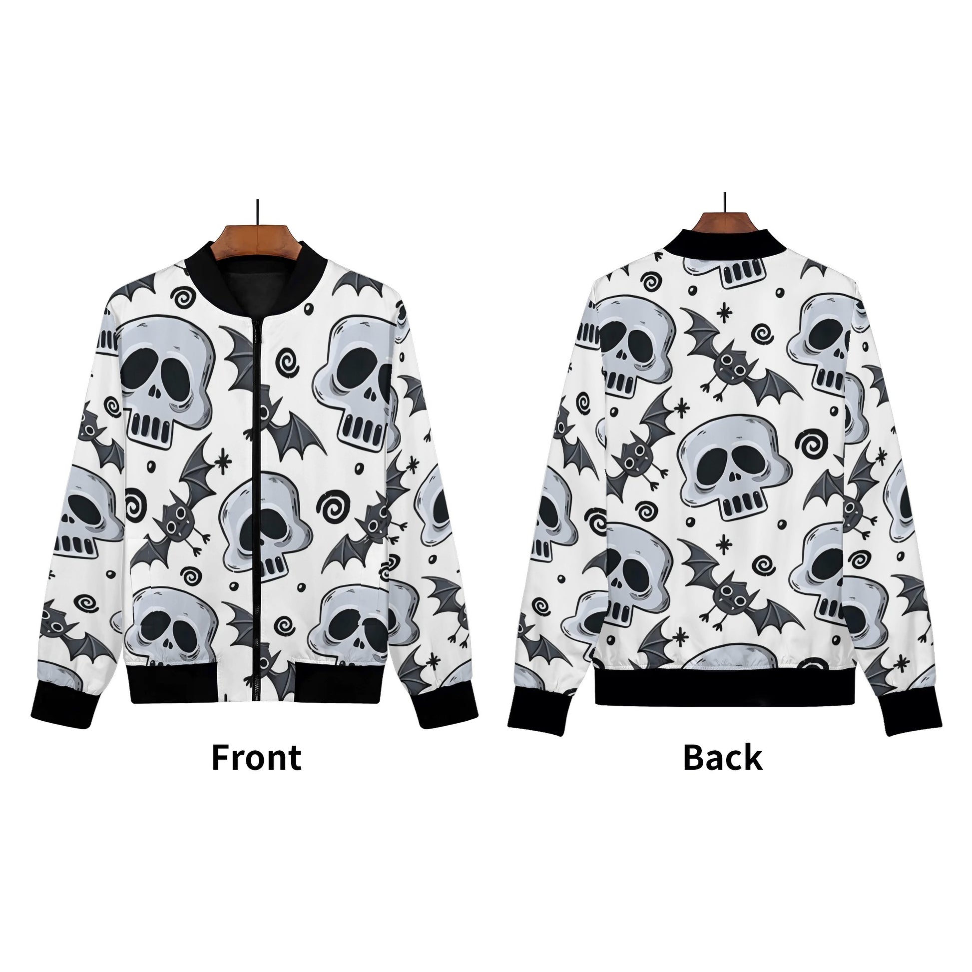 Womens Zip Up Gothic Skull Pattern Printed Bomber Jacket - NocturnalExpressions