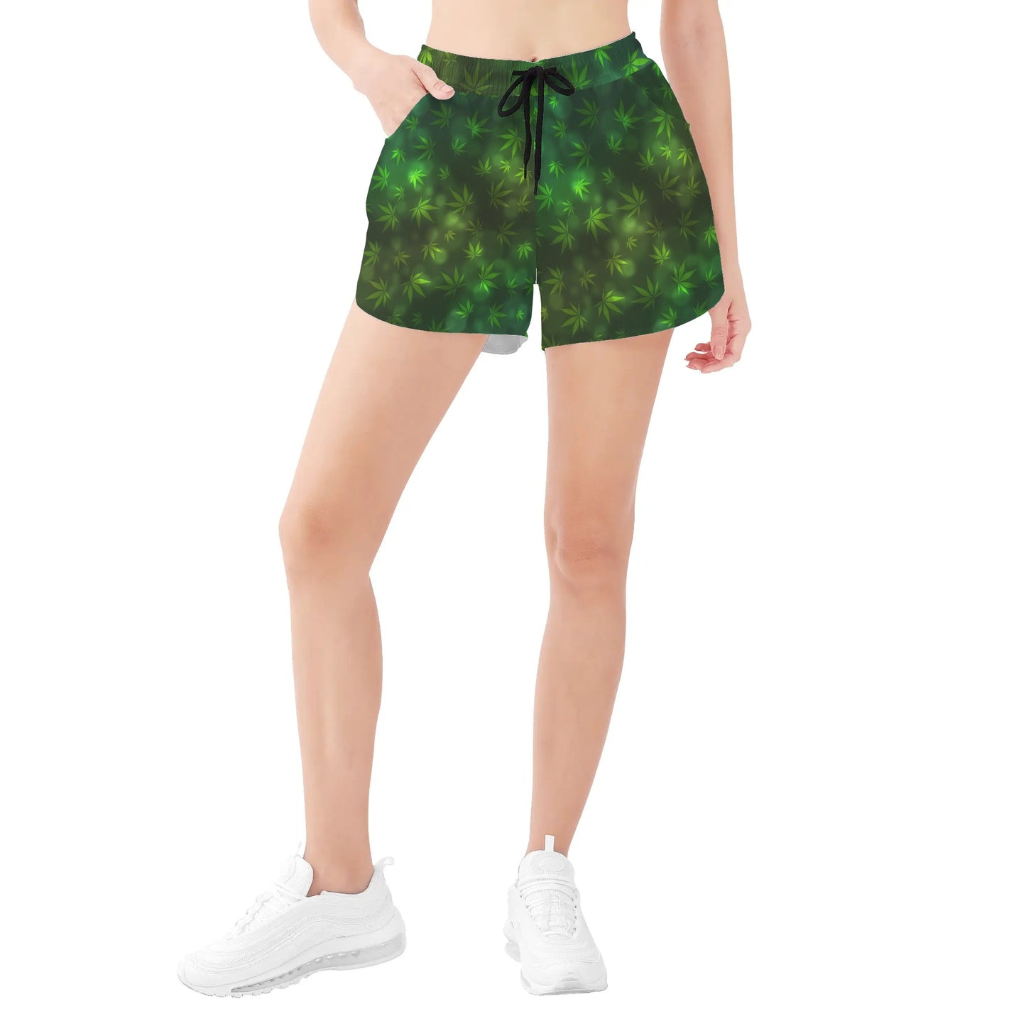 Womens Potleaf Pattern Casual Beach Shorts with Drawstrings - NocturnalExpressions