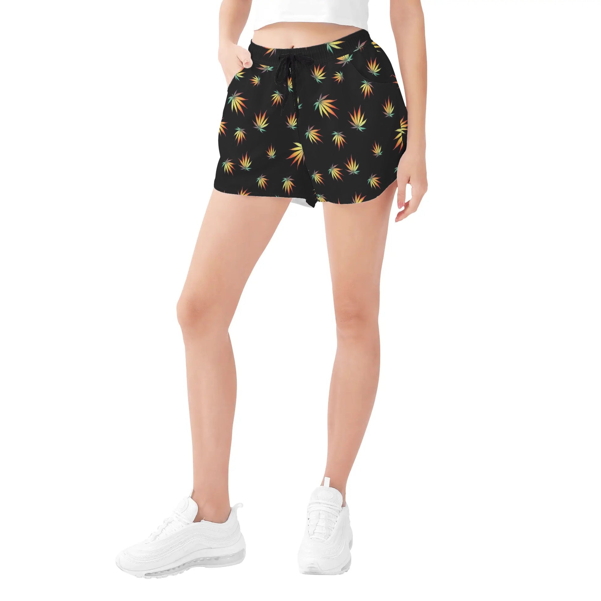 Womens Potleaf Pattern Casual Beach Shorts with Drawstrings - NocturnalExpressions