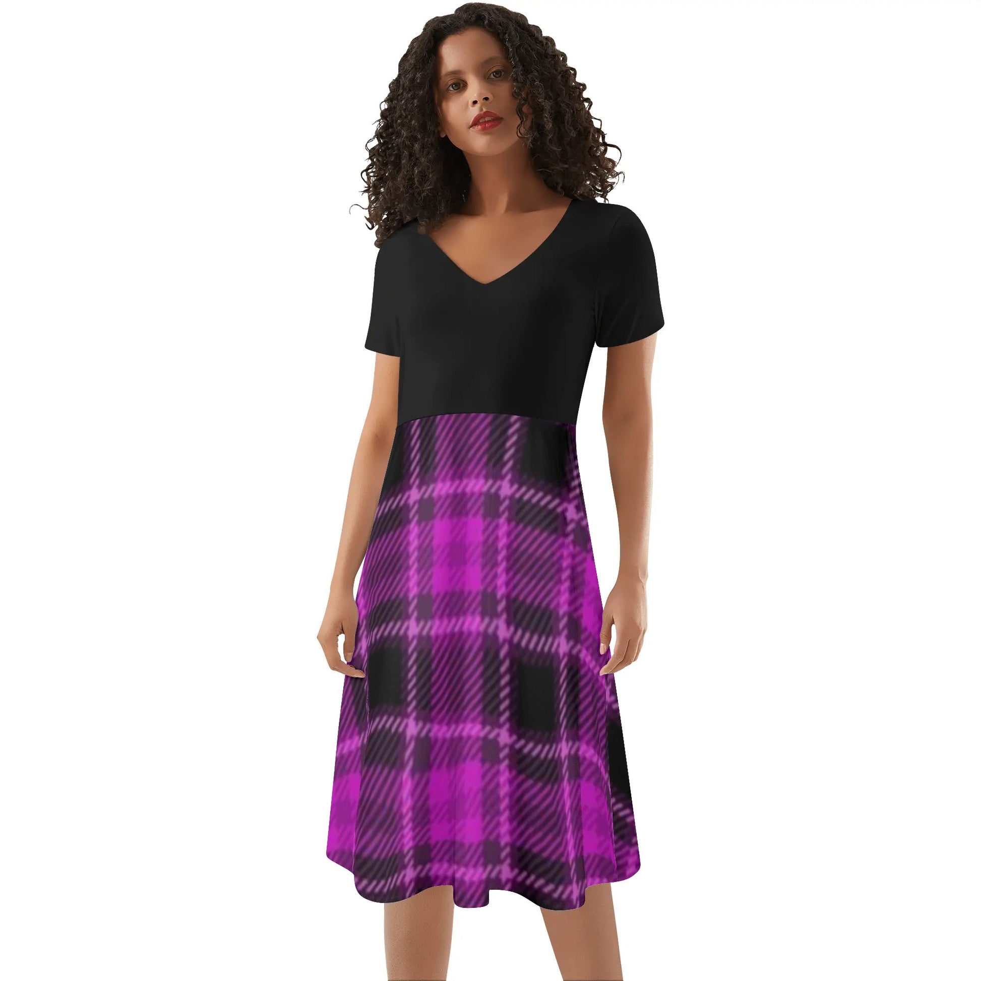 Womens Black Top Pink and Black Plaid Skirt Ruffle Summer Dress - NocturnalExpressions