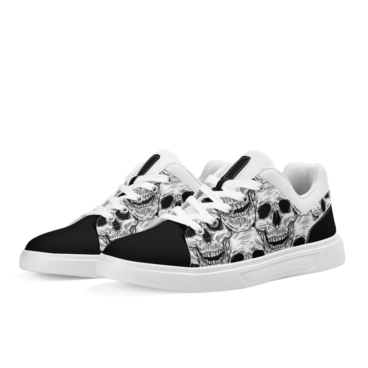 Black and White Skull Pattern Low Top Skateboard Shoes With Logo - NocturnalExpressions