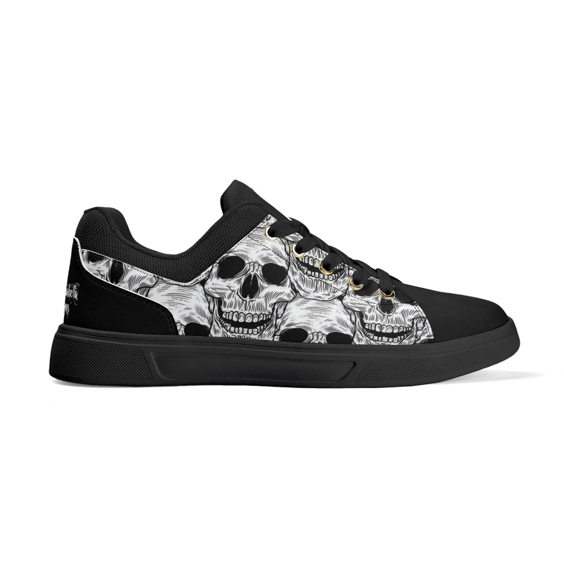 Black and White Skull Pattern Low Top Skateboard Shoes With Logo - NocturnalExpressions