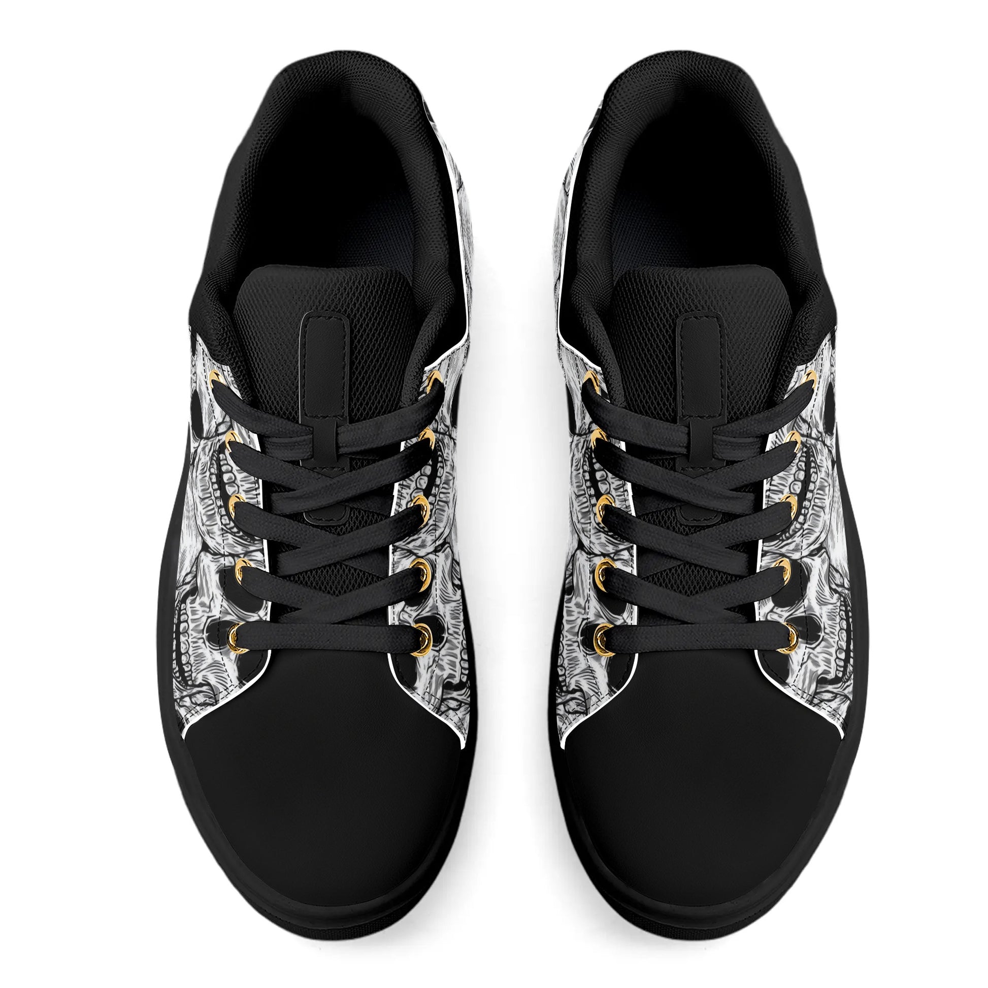 Black and White Skull Pattern Low Top Skateboard Shoes With Logo - NocturnalExpressions