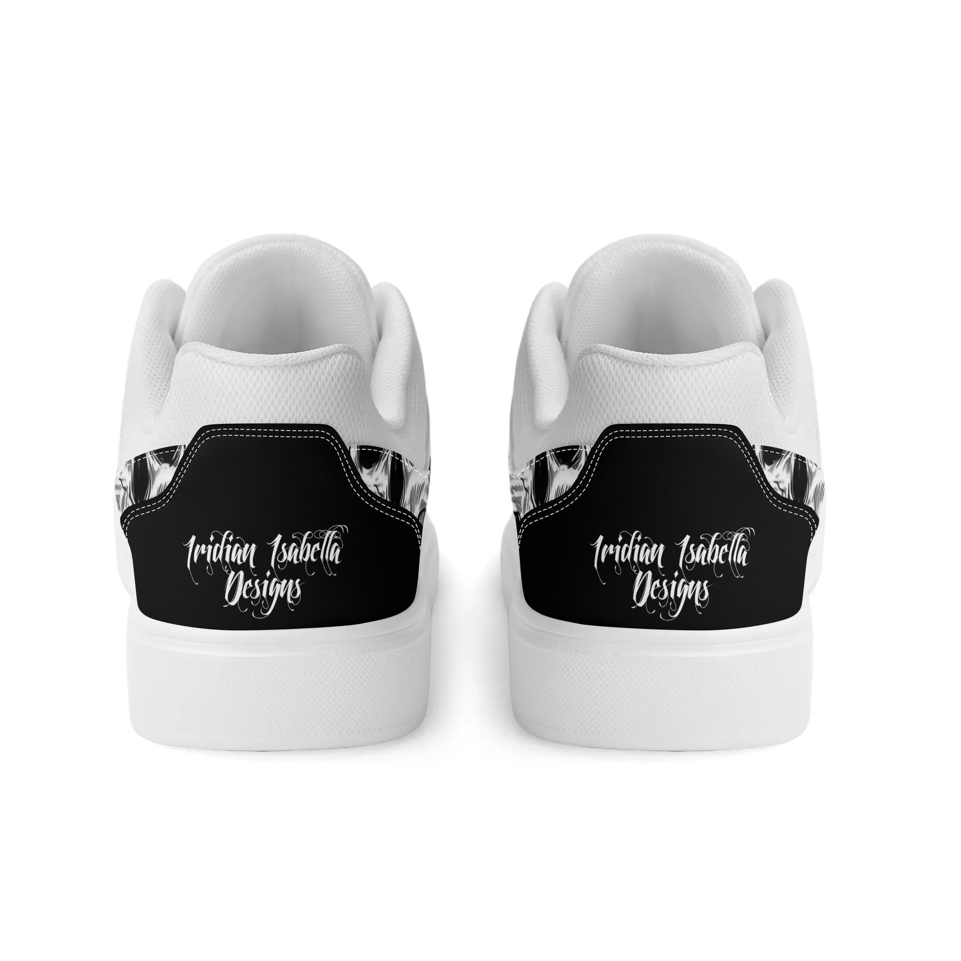 Black and White Skull Pattern Low Top Skateboard Shoes With Logo - NocturnalExpressions