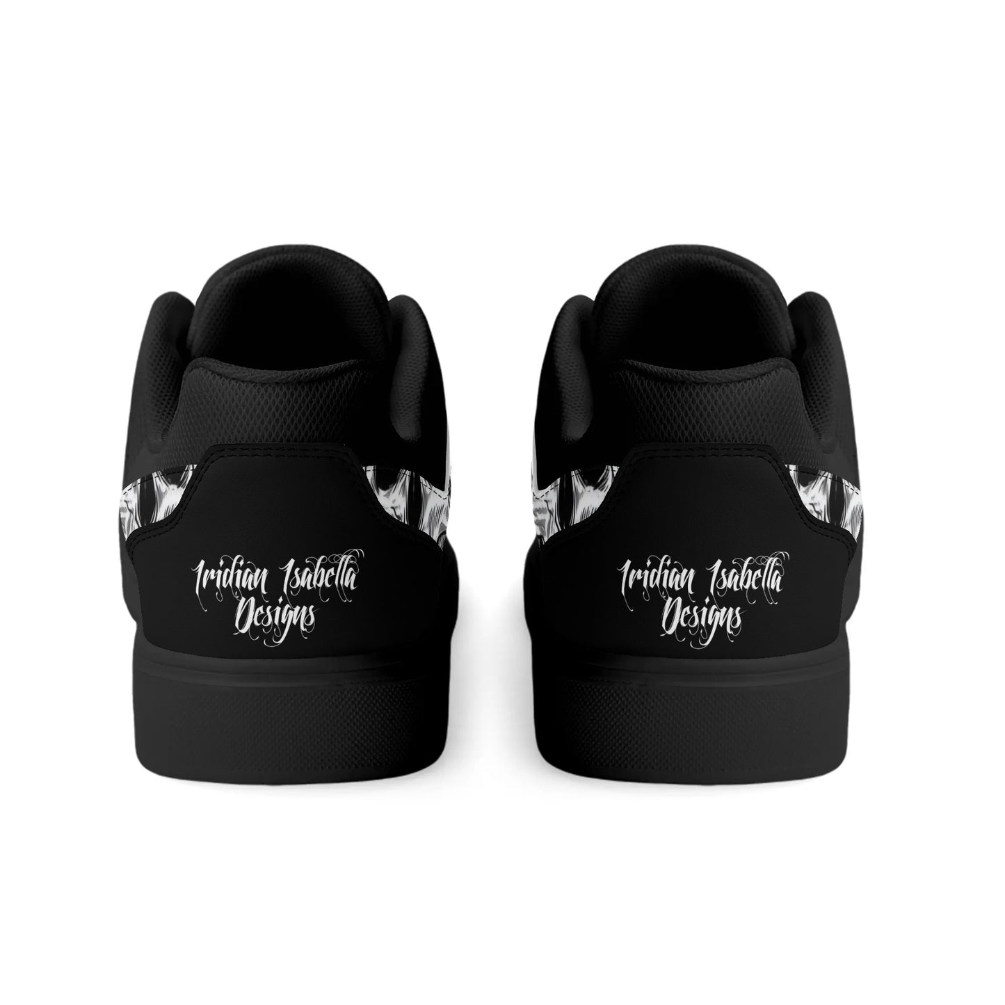 Black and White Skull Pattern Low Top Skateboard Shoes With Logo - NocturnalExpressions