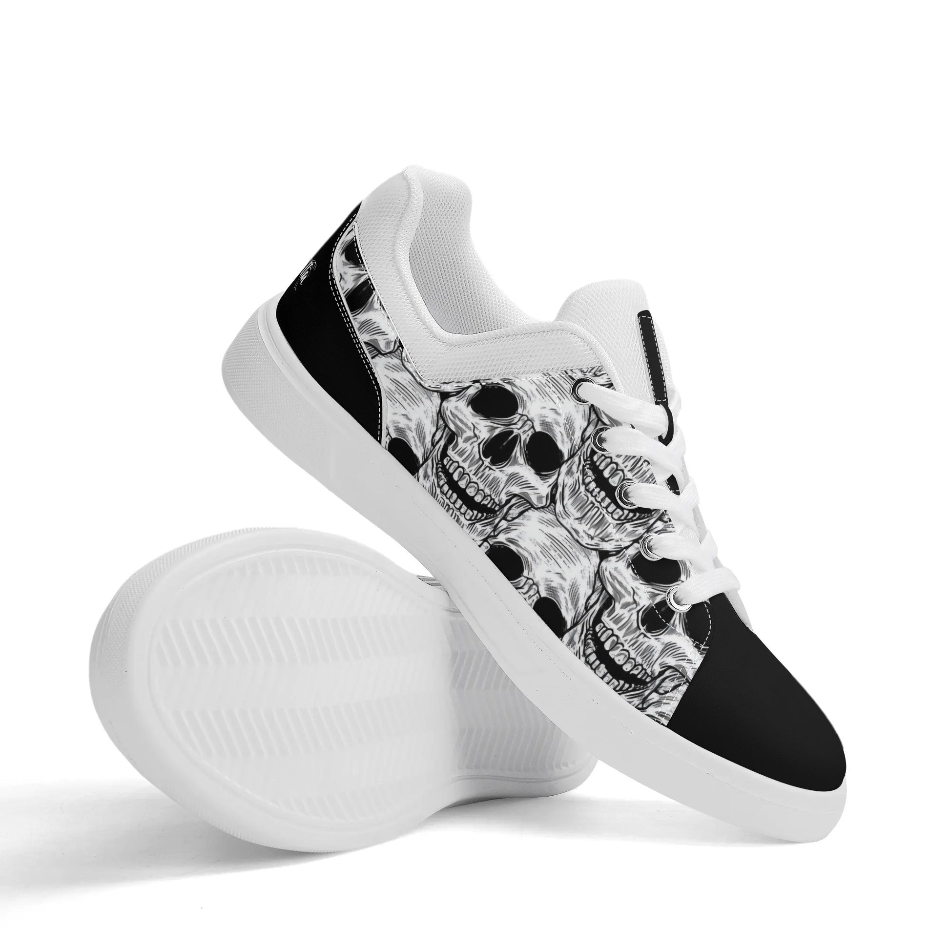 Black and White Skull Pattern Low Top Skateboard Shoes With Logo - NocturnalExpressions