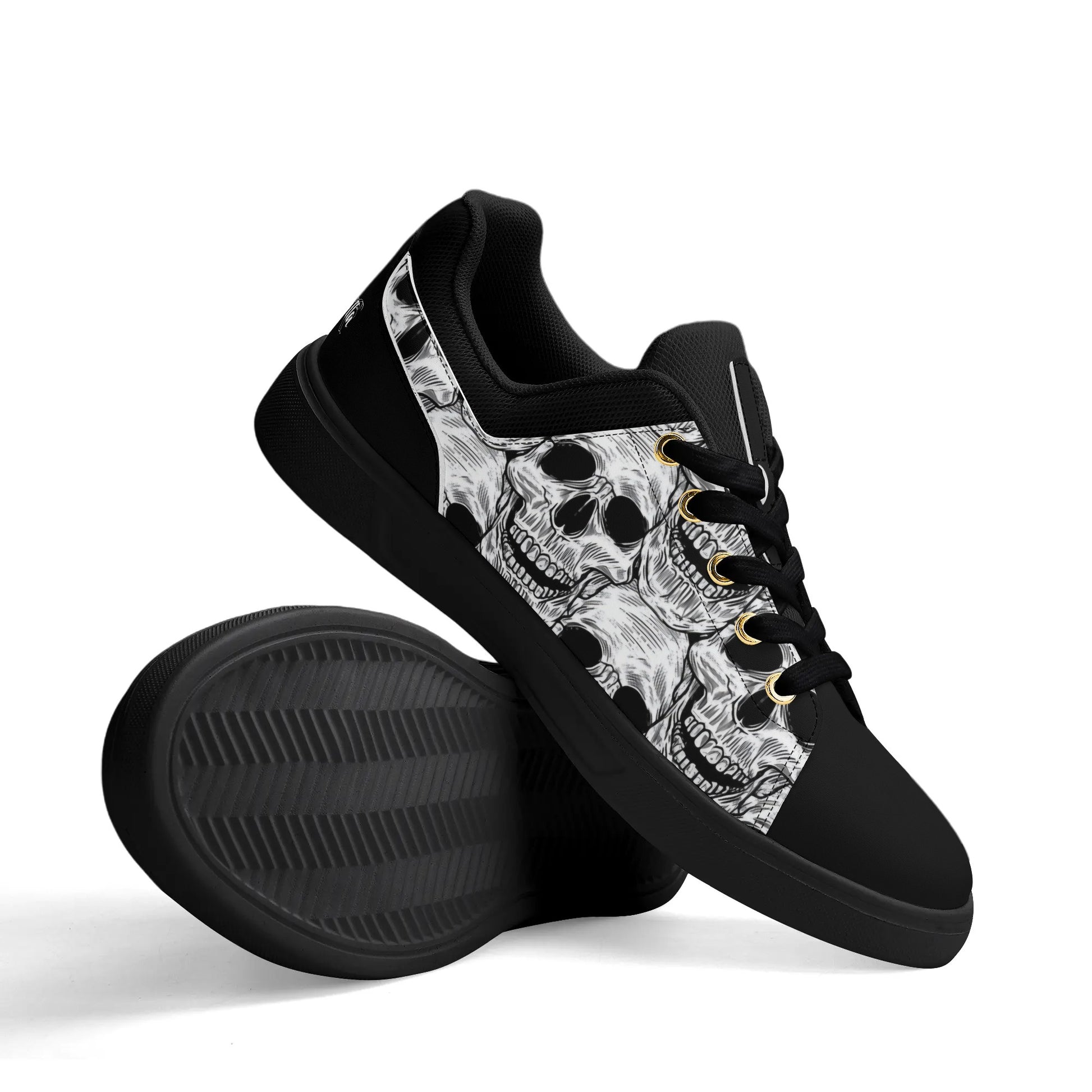 Black and White Skull Pattern Low Top Skateboard Shoes With Logo - NocturnalExpressions