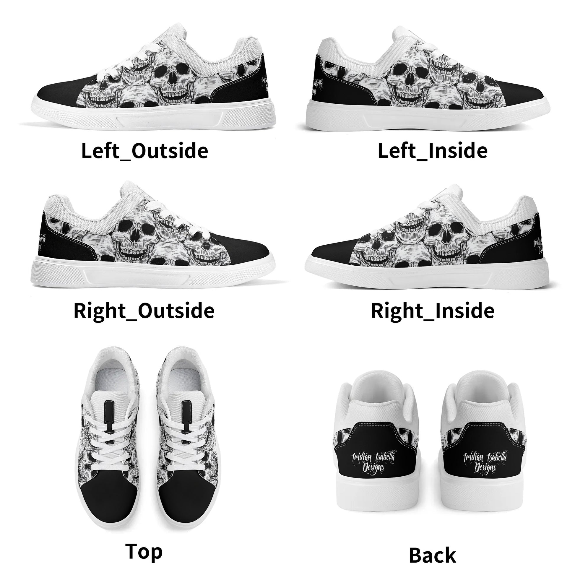 Black and White Skull Pattern Low Top Skateboard Shoes With Logo - NocturnalExpressions