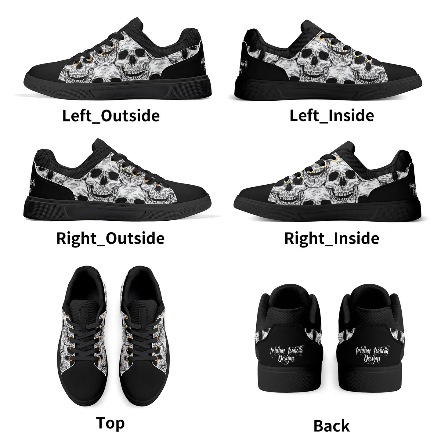 Black and White Skull Pattern Low Top Skateboard Shoes With Logo - NocturnalExpressions