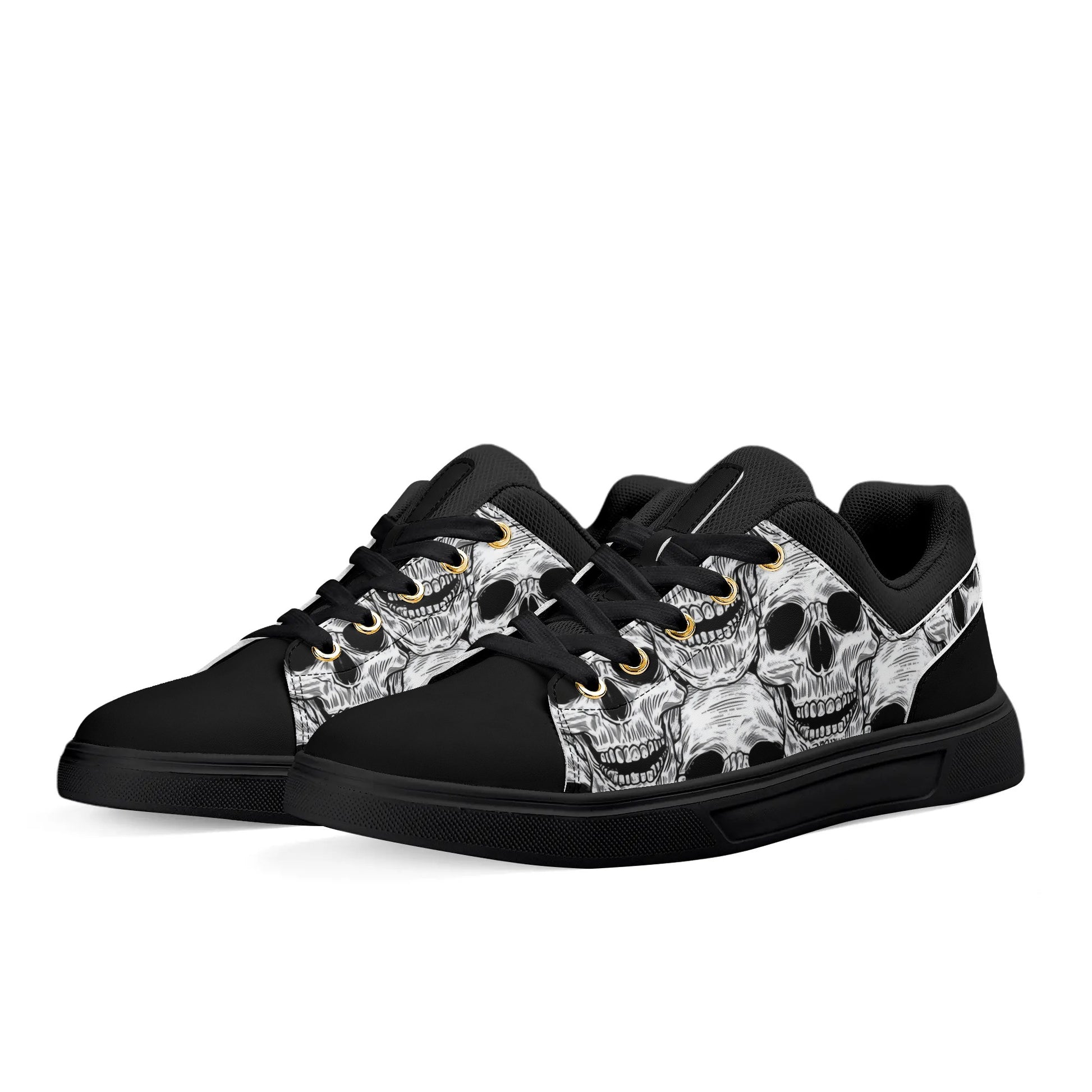 Black and White Skull Pattern Low Top Skateboard Shoes With Logo - NocturnalExpressions