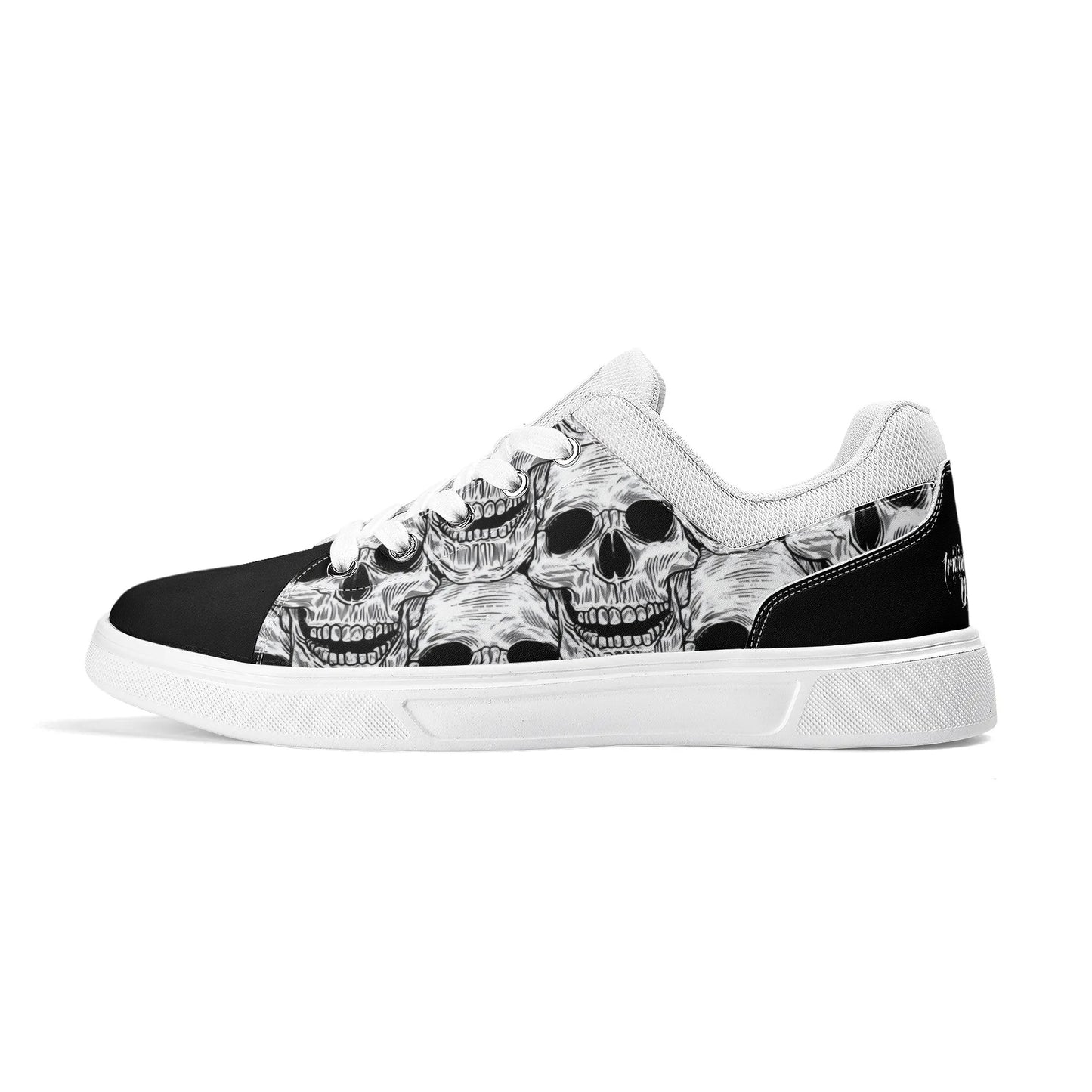 Black and White Skull Pattern Low Top Skateboard Shoes With Logo - NocturnalExpressions