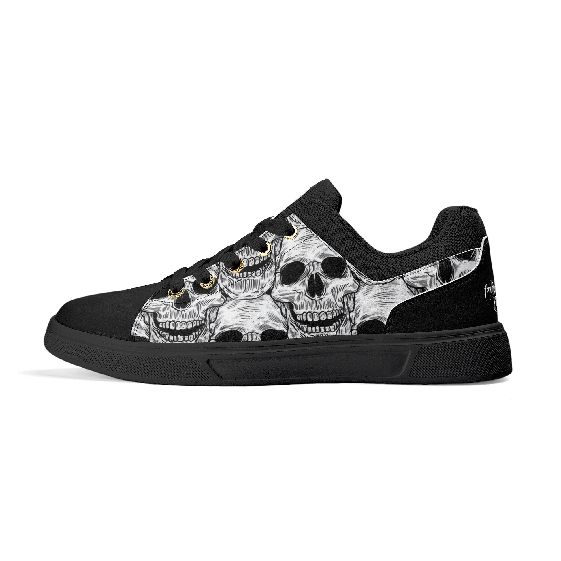 Black and White Skull Pattern Low Top Skateboard Shoes With Logo - NocturnalExpressions