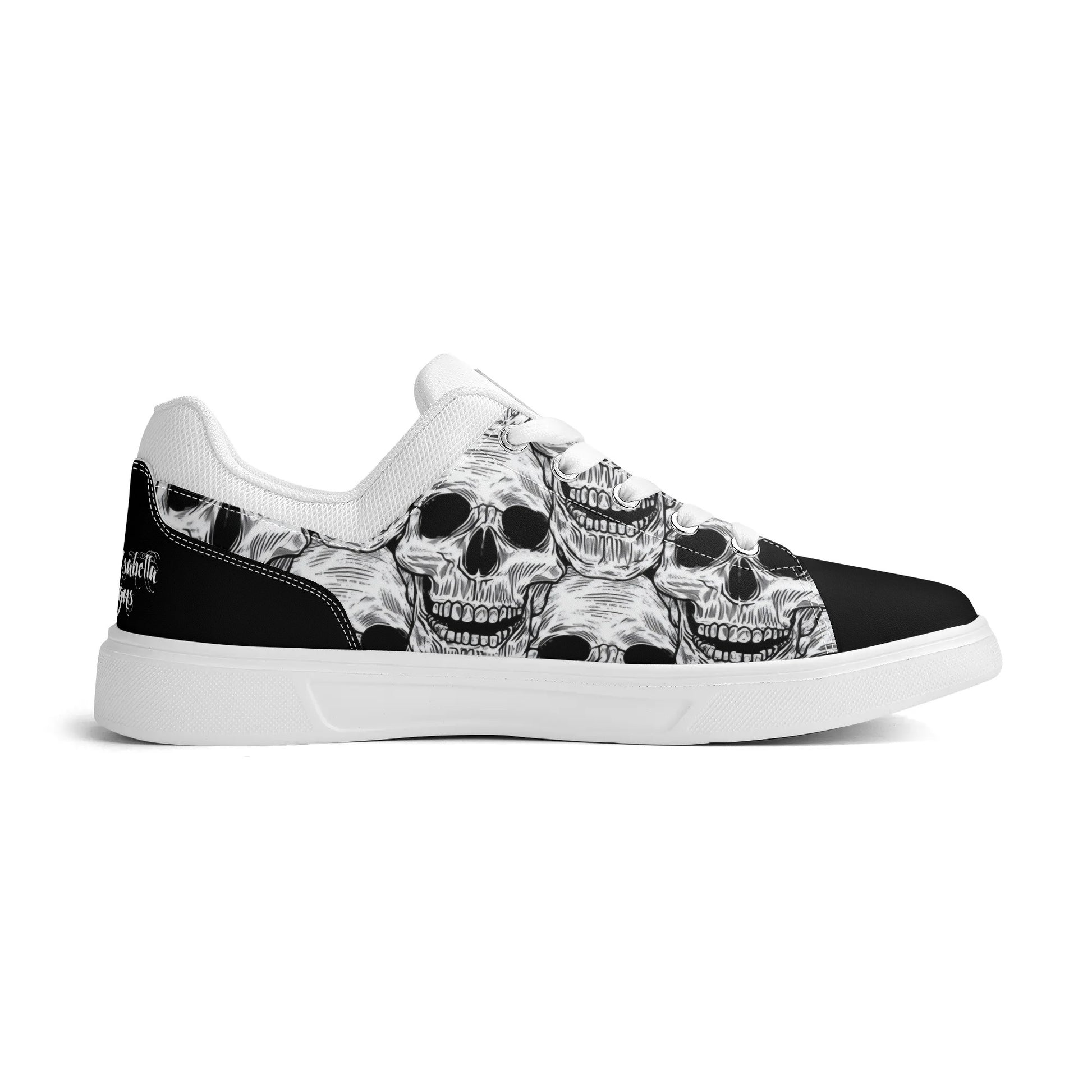 Black and White Skull Pattern Low Top Skateboard Shoes With Logo - NocturnalExpressions