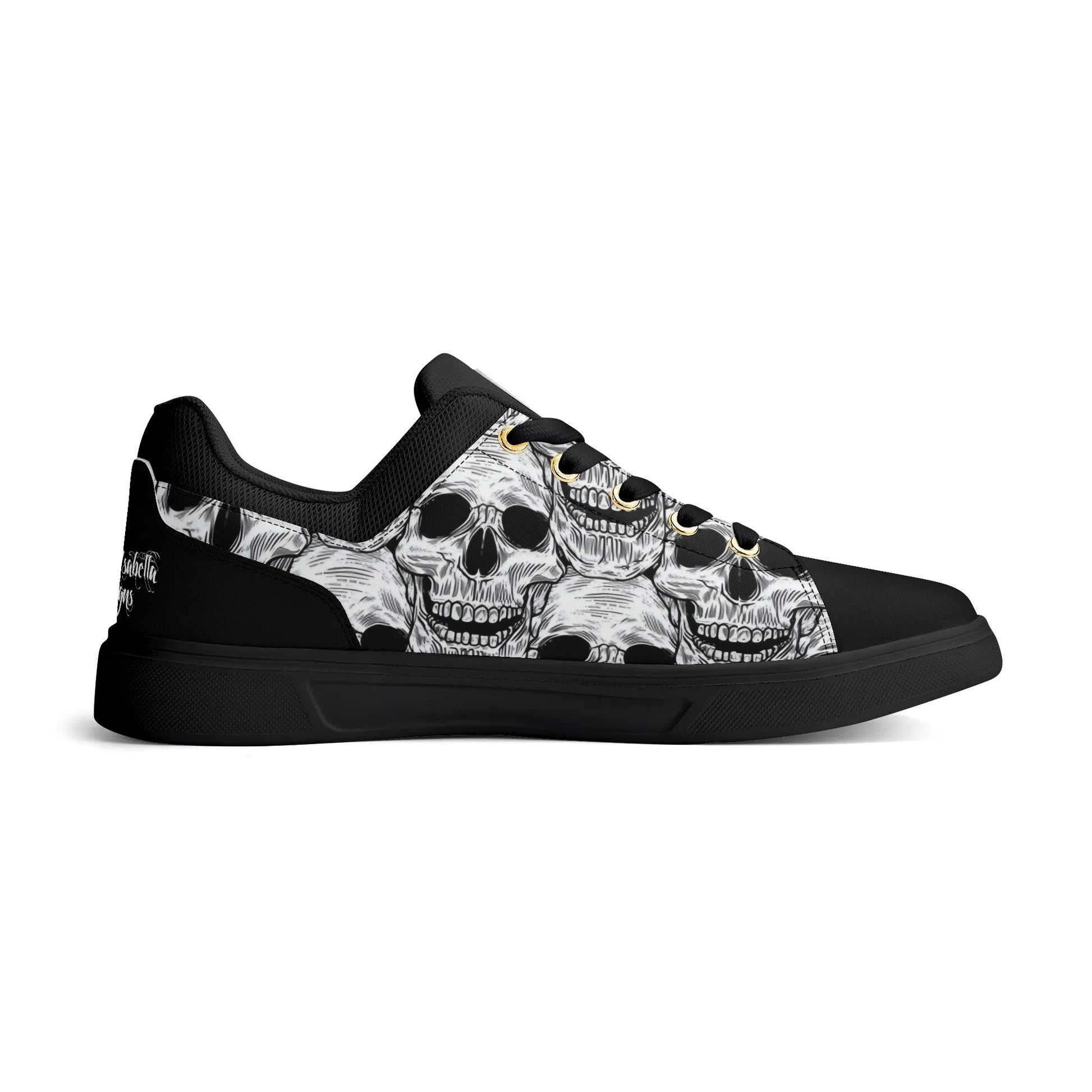 Black and White Skull Pattern Low Top Skateboard Shoes With Logo - NocturnalExpressions