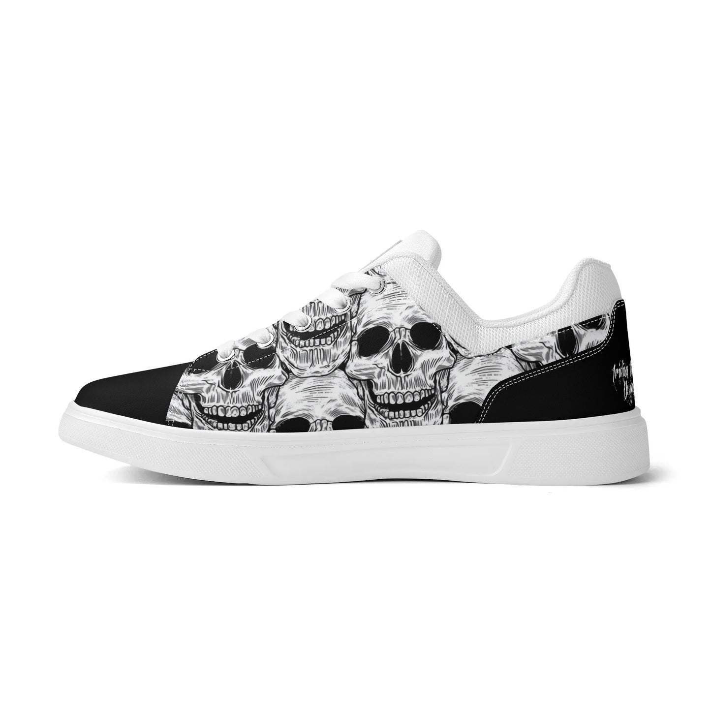 Black and White Skull Pattern Low Top Skateboard Shoes With Logo - NocturnalExpressions