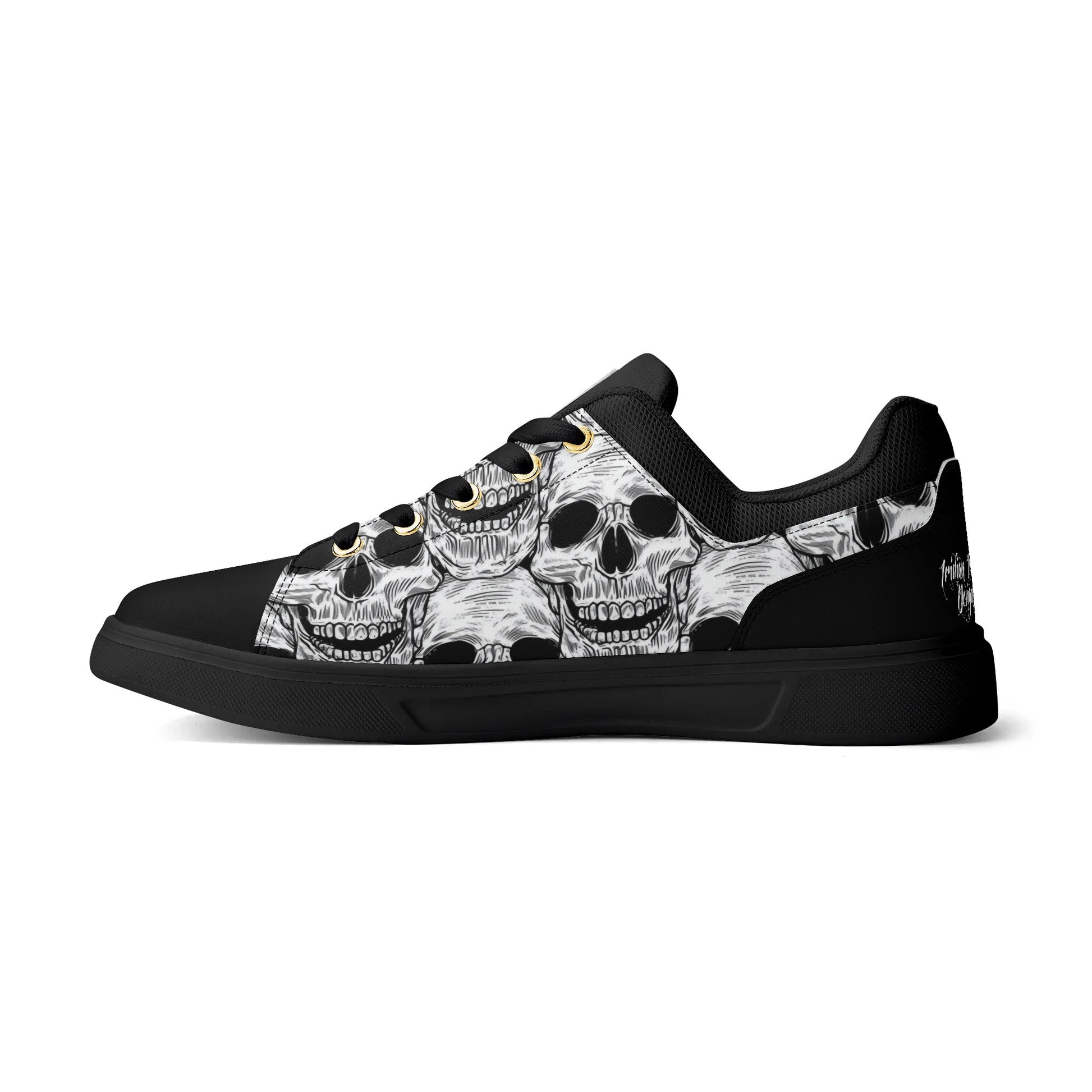 Black and White Skull Pattern Low Top Skateboard Shoes With Logo - NocturnalExpressions