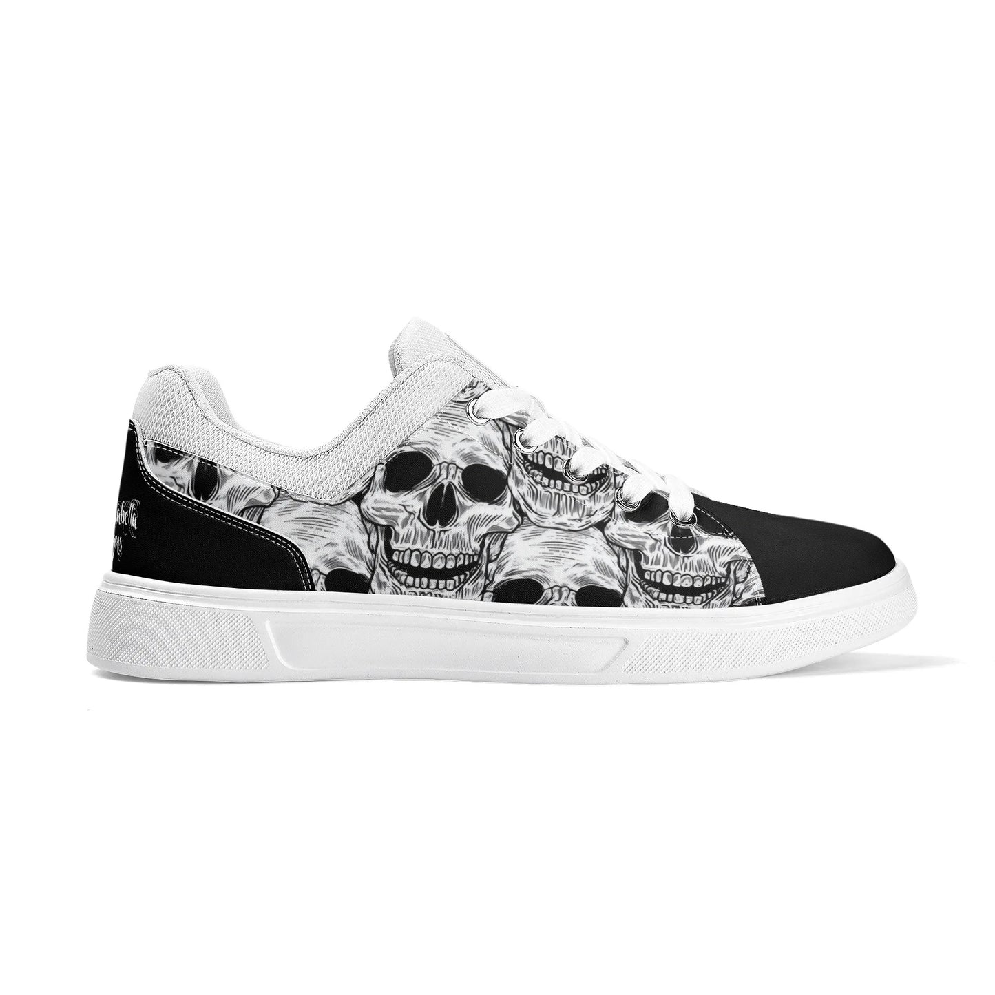 Black and White Skull Pattern Low Top Skateboard Shoes With Logo - NocturnalExpressions