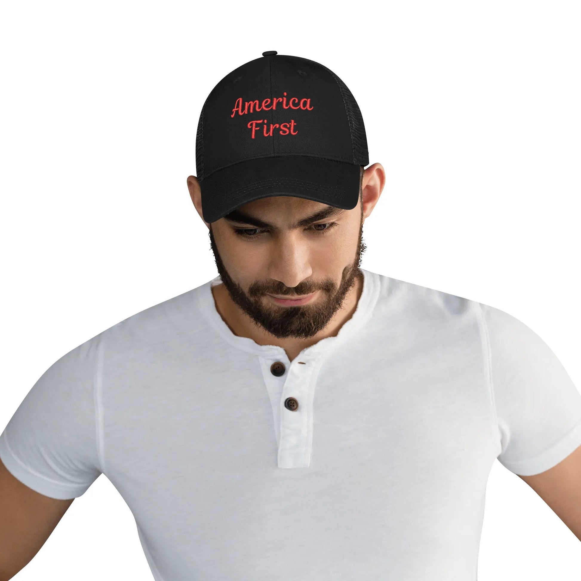 America First Emobrideried Trucker Hat - NocturnalExpressions